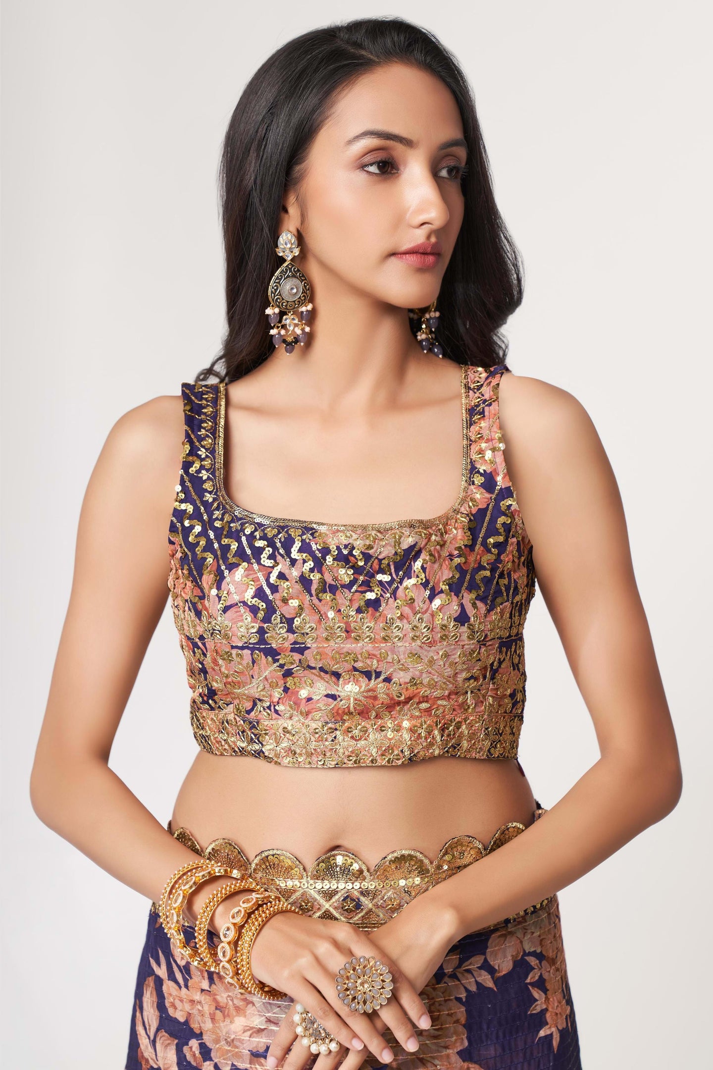 Purple Organza Silk Floral Saree Blouse With Underskirt & Fall Pico For Indian & Pakistani Wedding Festival - Sequins & Thread Embroidery Work, Print Work
