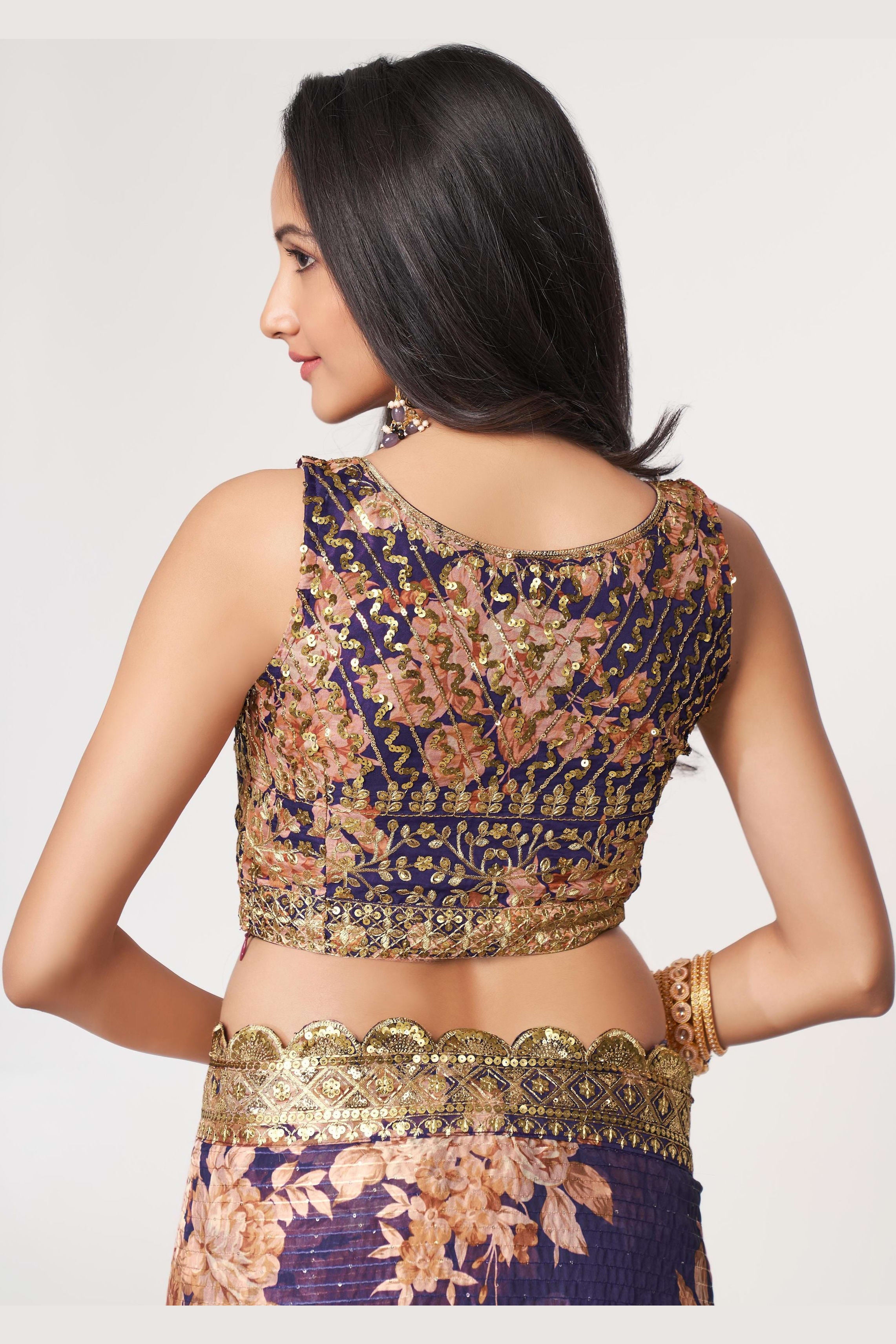 Purple Organza Silk Floral Saree Blouse With Underskirt & Fall Pico For Indian & Pakistani Wedding Festival - Sequins & Thread Embroidery Work, Print Work