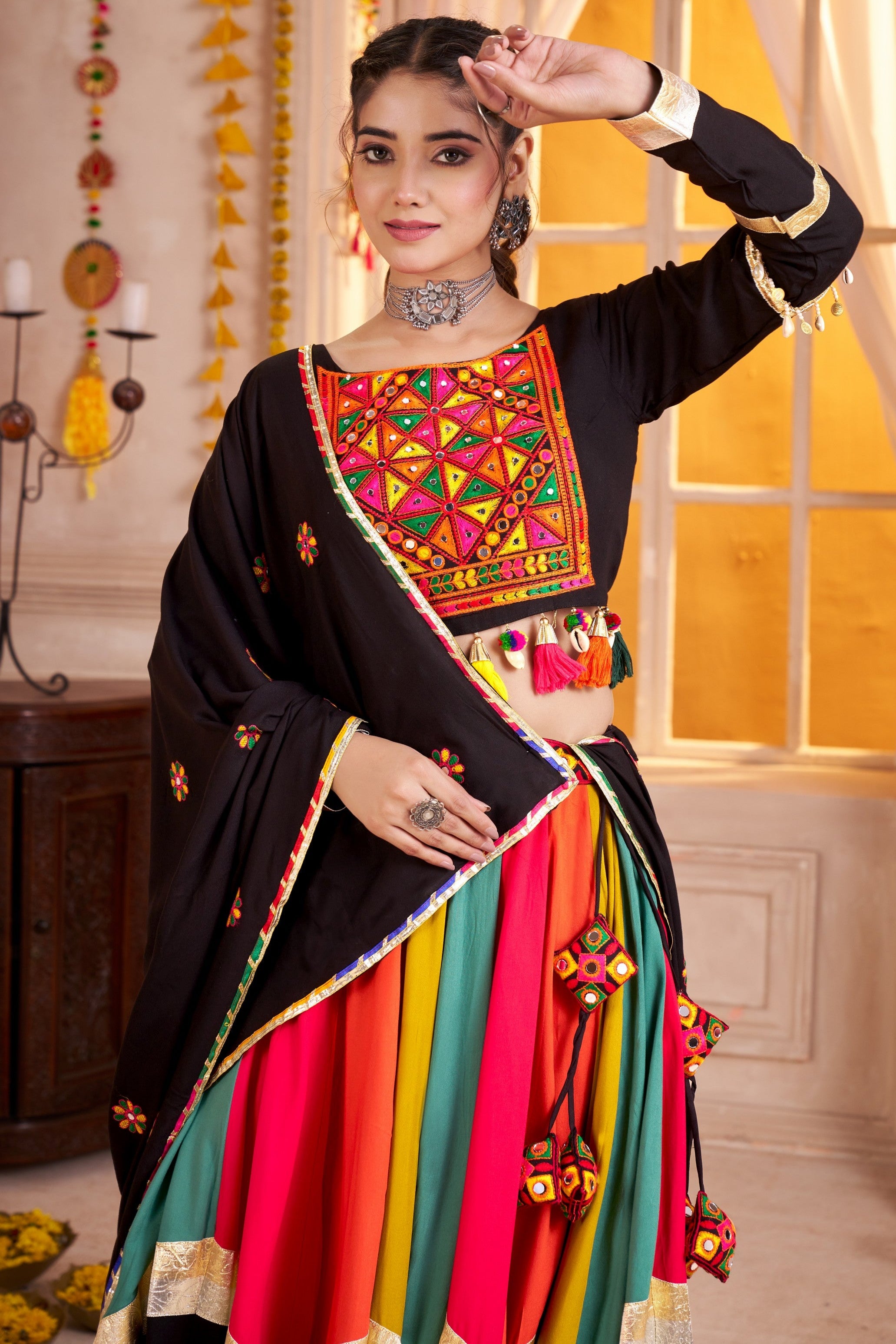 Black Multicolor Viscose Cotton Navratri Chaniya Choli For Indian Garba 10 Meter Flair - Real Mirror Work, Thread Embroidery Work