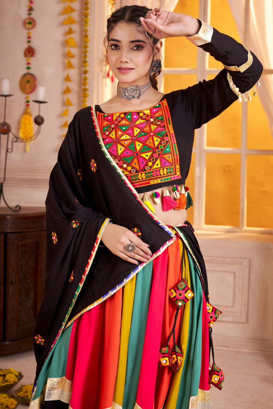 Black Multicolor Viscose Cotton Navratri Chaniya Choli For Indian Garba 10 Meter Flair - Real Mirror Work, Thread Embroidery Work