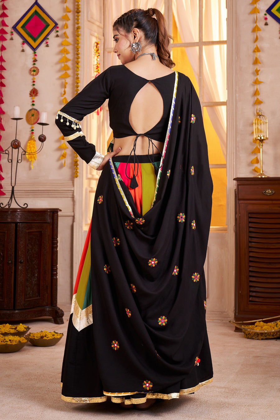 Black Multicolor Viscose Cotton Navratri Chaniya Choli For Indian Garba 10 Meter Flair - Real Mirror Work, Thread Embroidery Work