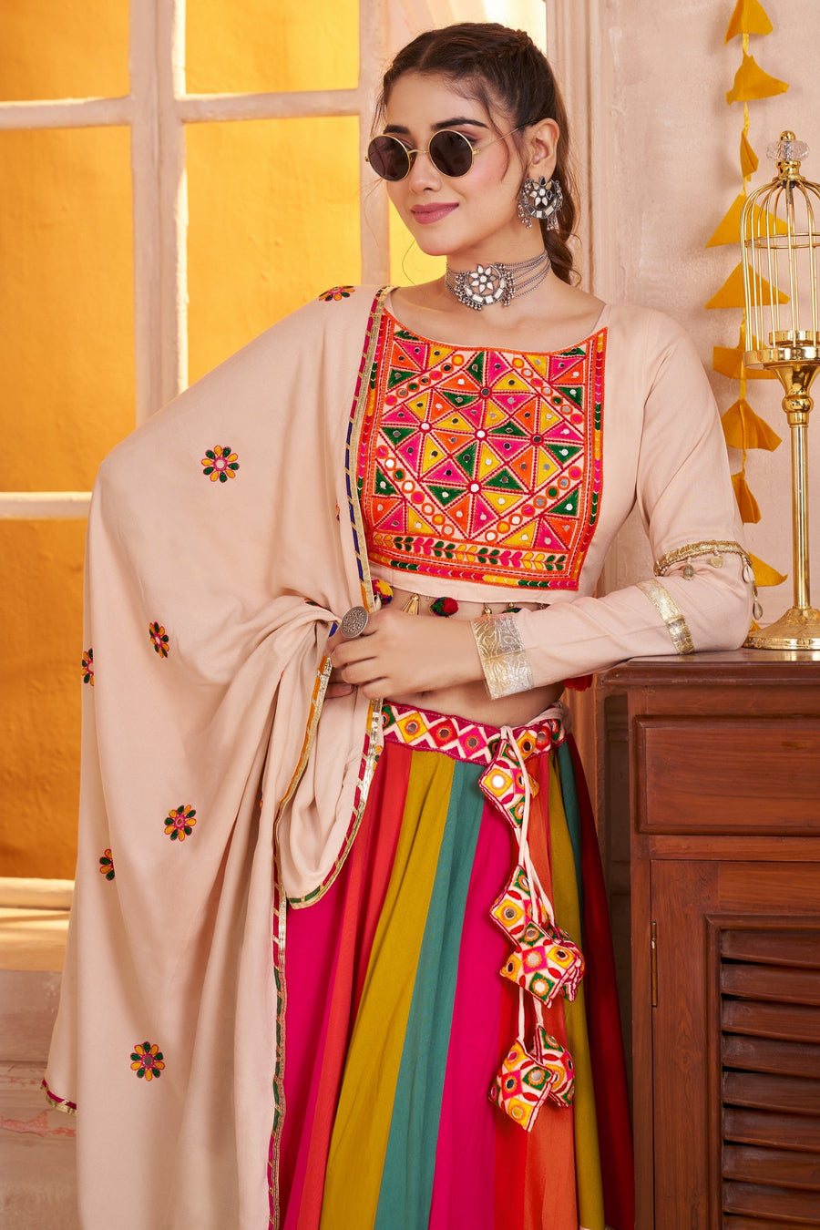 Beige Multicolor Viscose Cotton Navratri Chaniya Choli For Indian Garba 10 Meter Flair - Real Mirror Work, Thread Embroidery Work