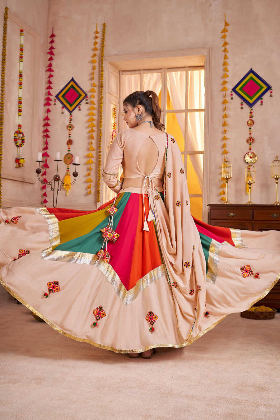 Beige Multicolor Viscose Cotton Navratri Chaniya Choli For Indian Garba 10 Meter Flair - Real Mirror Work, Thread Embroidery Work