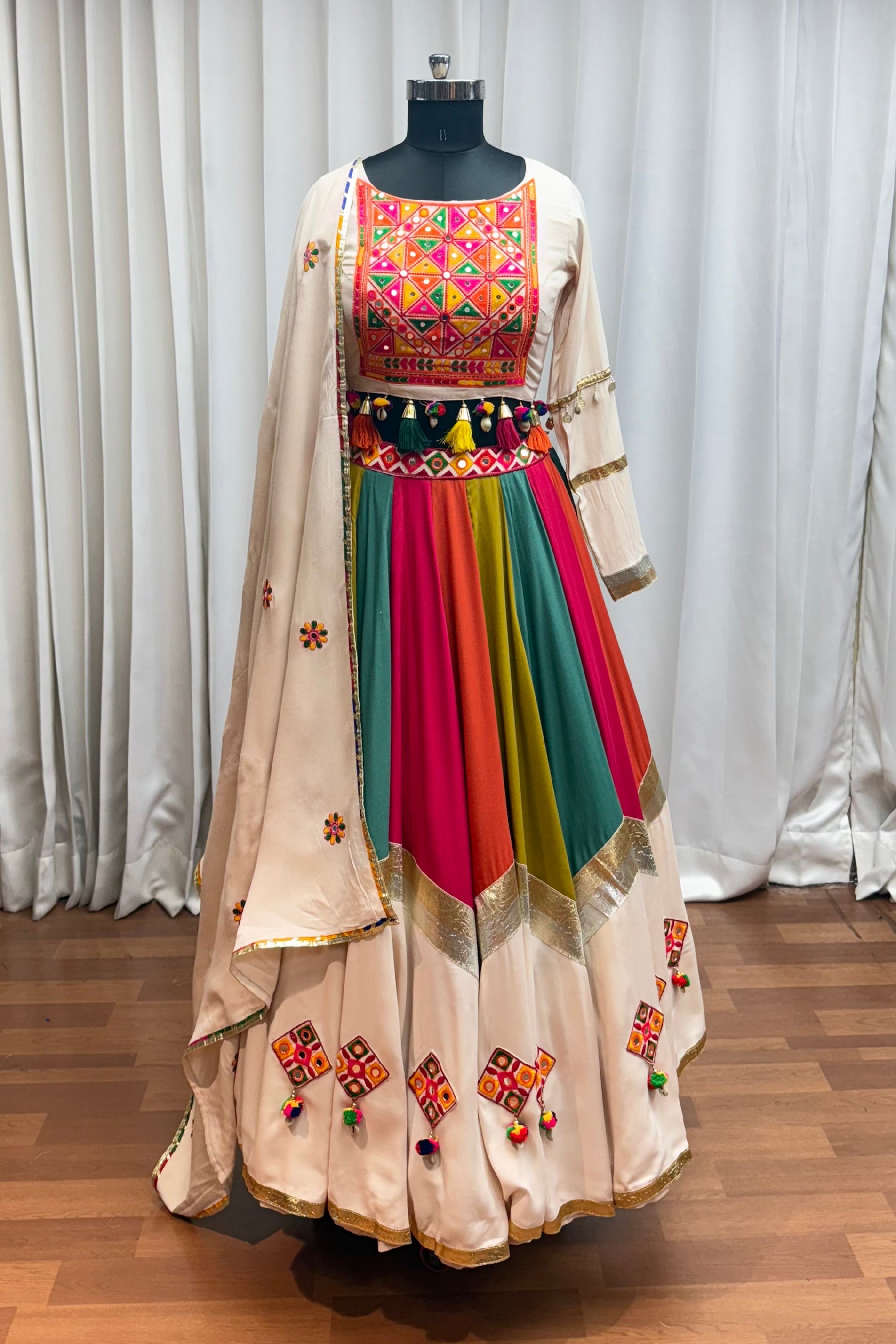 Beige Multicolor Viscose Cotton Navratri Chaniya Choli For Indian Garba 10 Meter Flair - Real Mirror Work, Thread Embroidery Work