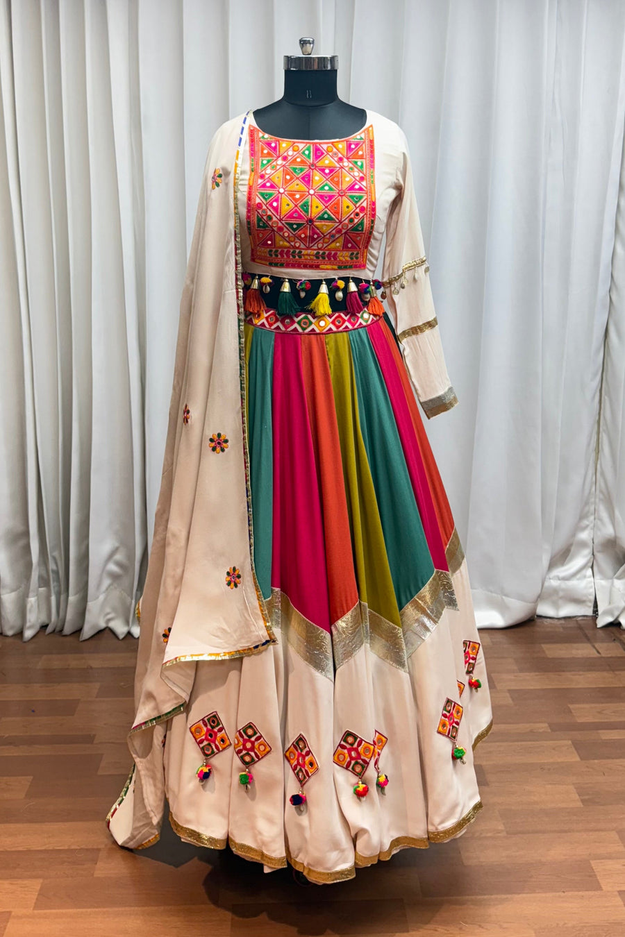 Beige Multicolor Viscose Cotton Navratri Chaniya Choli For Indian Garba 10 Meter Flair - Real Mirror Work, Thread Embroidery Work