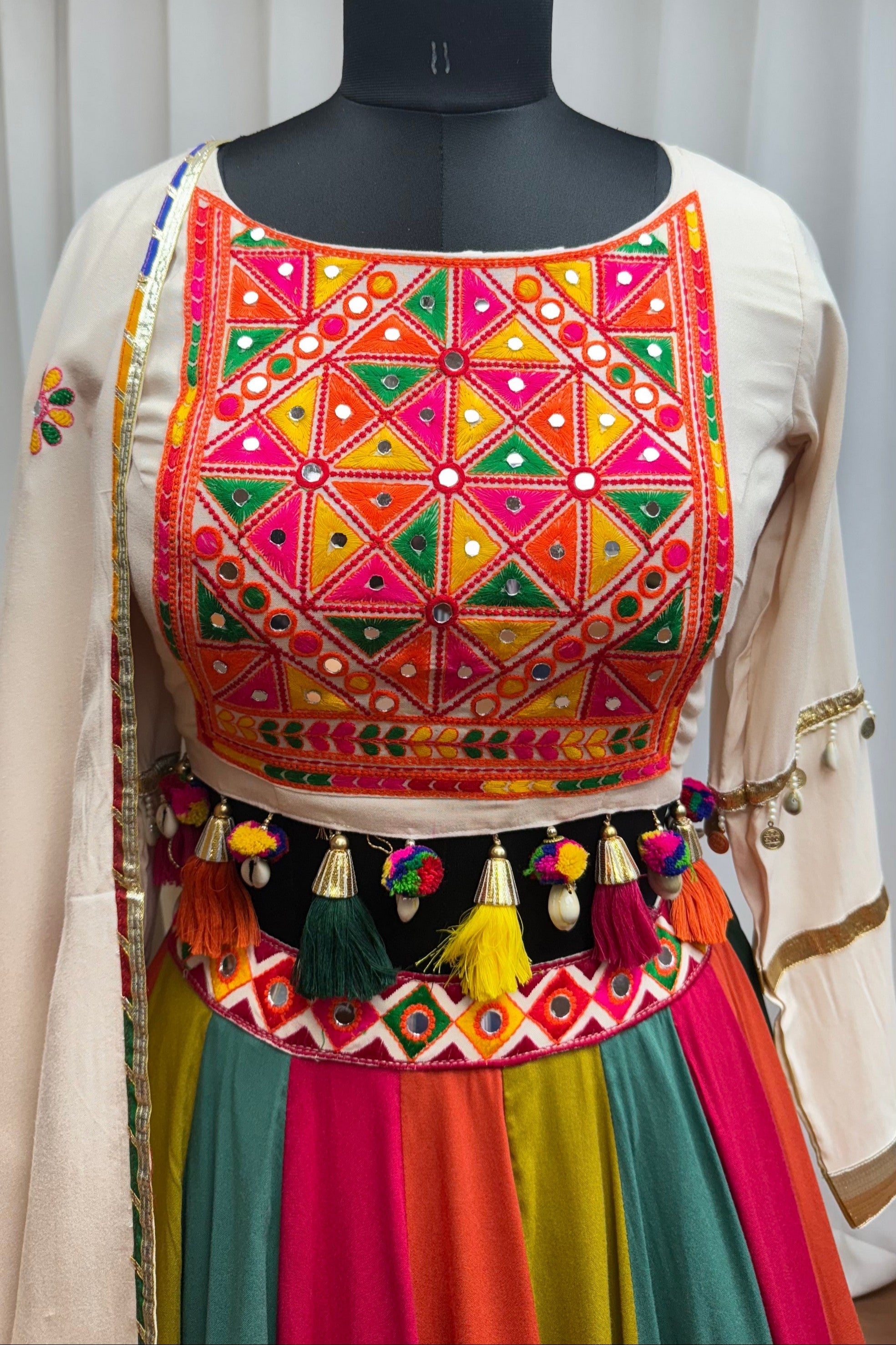 Beige Multicolor Viscose Cotton Navratri Chaniya Choli For Indian Garba 10 Meter Flair - Real Mirror Work, Thread Embroidery Work