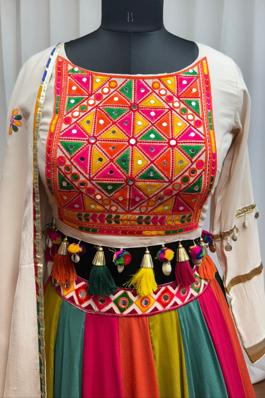 Beige Multicolor Viscose Cotton Navratri Chaniya Choli For Indian Garba 10 Meter Flair - Real Mirror Work, Thread Embroidery Work