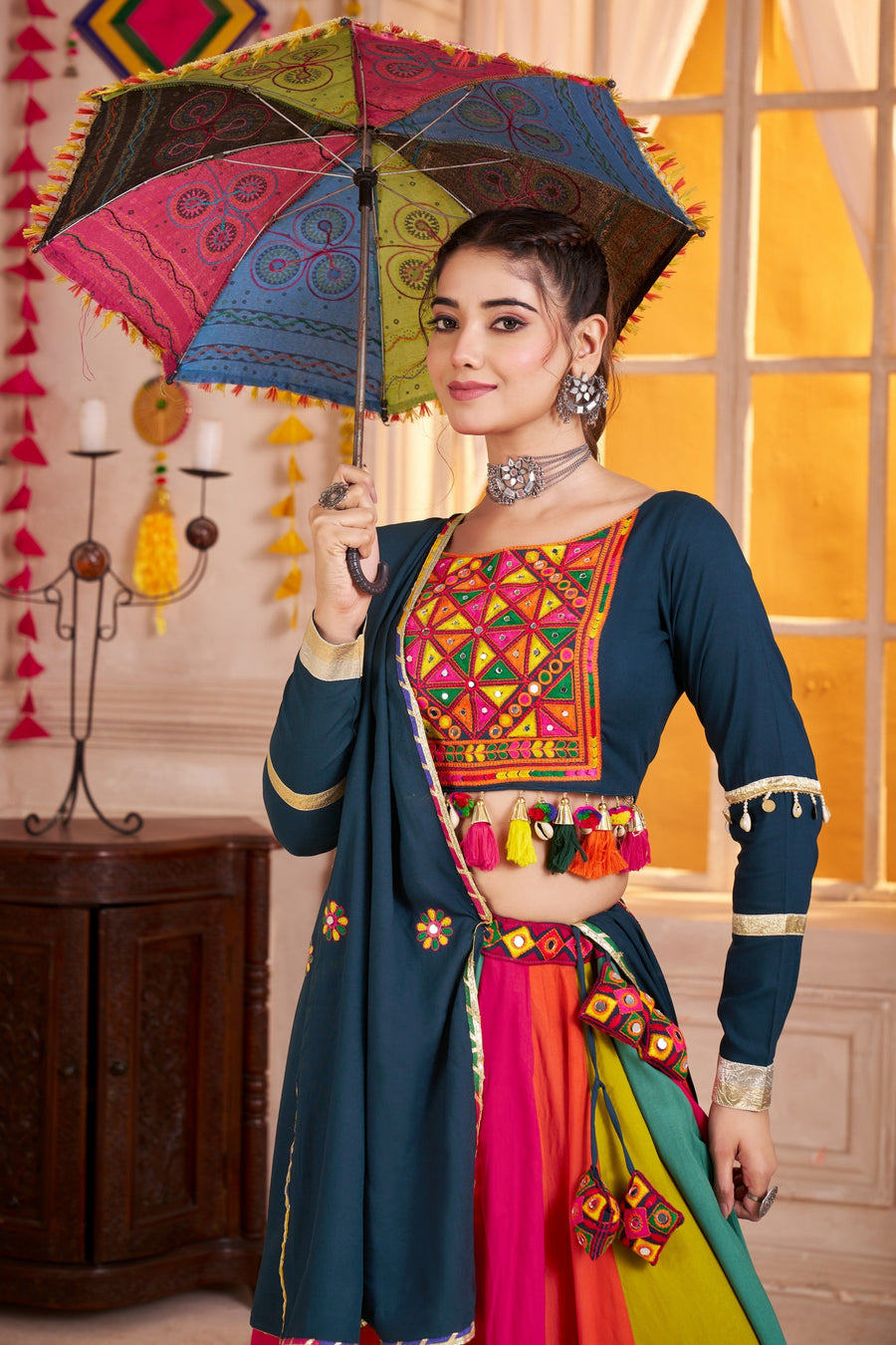 Teal Multicolor Viscose Cotton Navratri Chaniya Choli For Indian Garba 10 Meter Flair - Real Mirror Work, Thread Embroidery Work