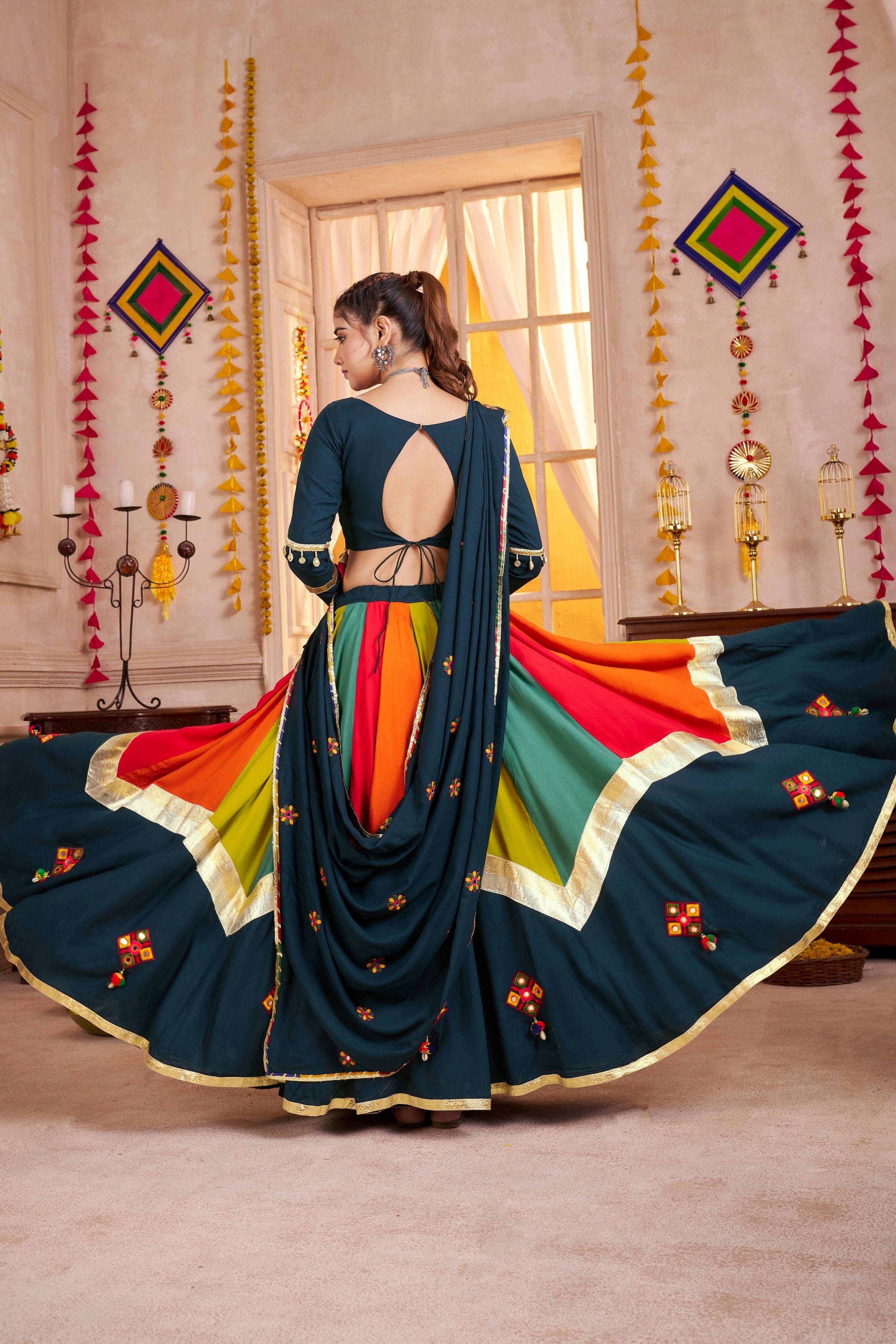 Teal Multicolor Viscose Cotton Navratri Chaniya Choli For Indian Garba 10 Meter Flair - Real Mirror Work, Thread Embroidery Work