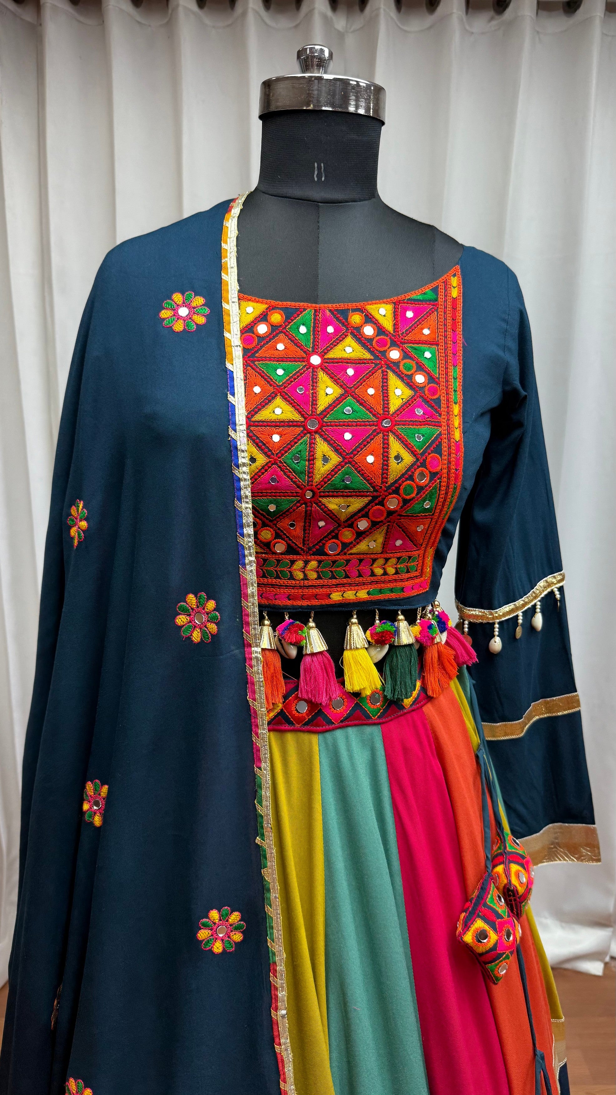 Teal Multicolor Viscose Cotton Navratri Chaniya Choli For Indian Garba 10 Meter Flair - Real Mirror Work, Thread Embroidery Work