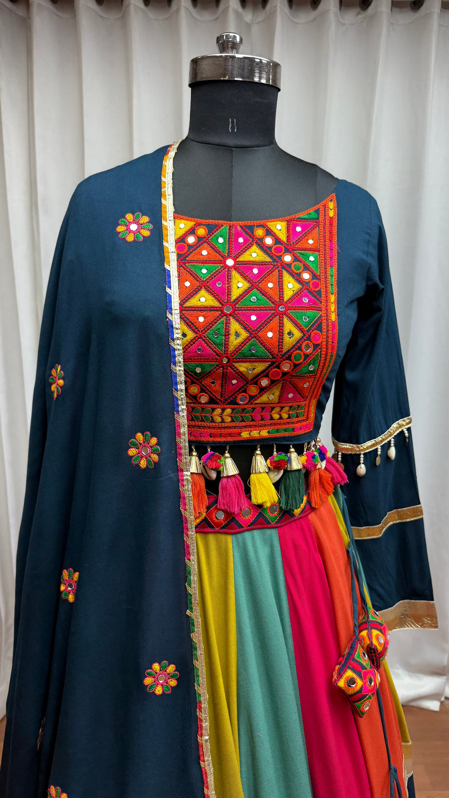 Teal Multicolor Viscose Cotton Navratri Chaniya Choli For Indian Garba 10 Meter Flair - Real Mirror Work, Thread Embroidery Work