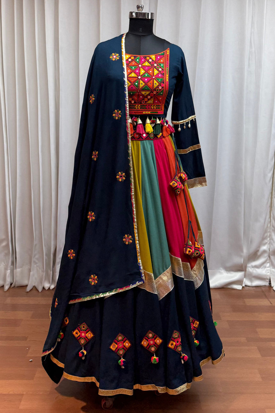 Teal Multicolor Viscose Cotton Navratri Chaniya Choli For Indian Garba 10 Meter Flair - Real Mirror Work, Thread Embroidery Work