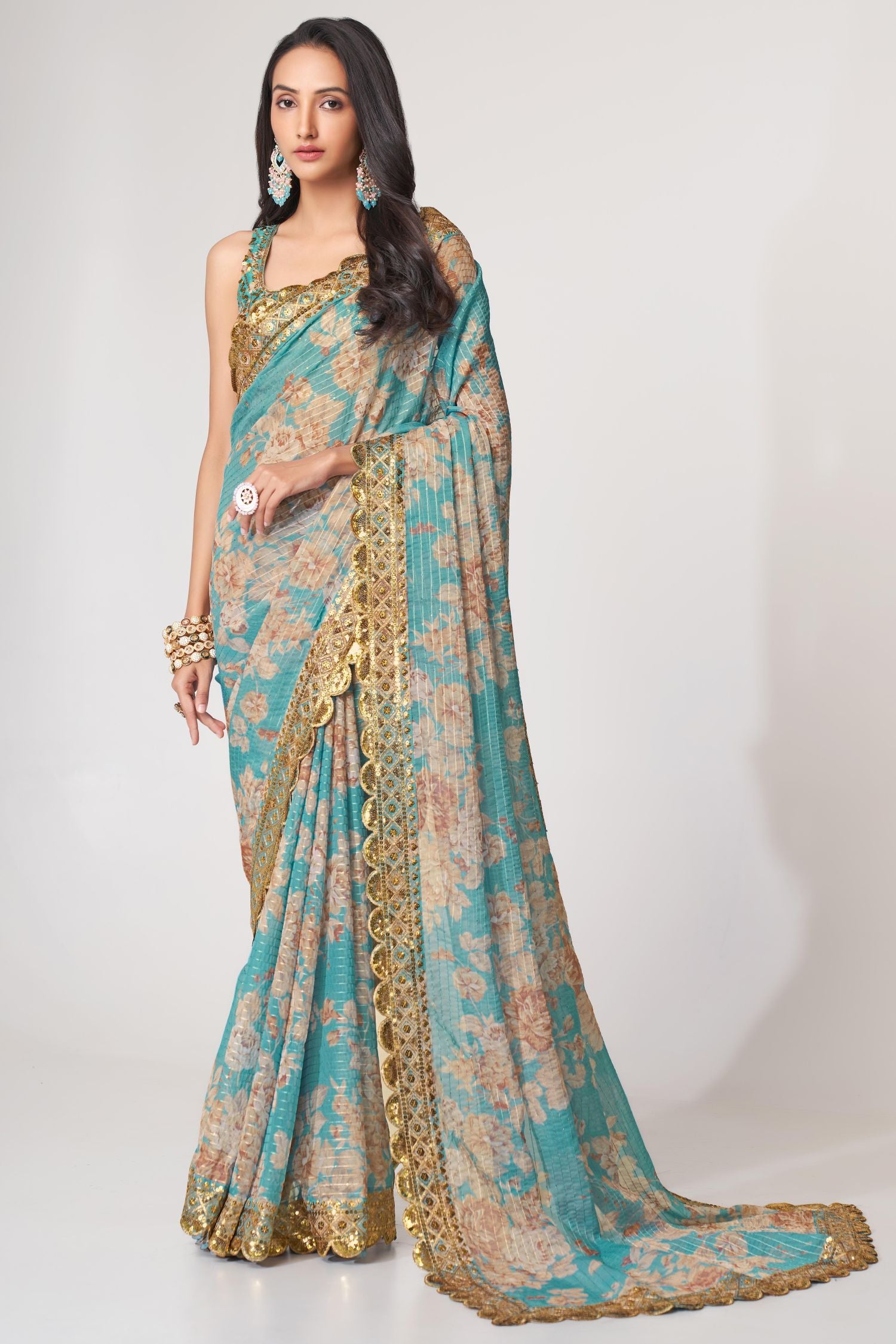 Sky Blue Organza Silk Floral Saree Blouse With Underskirt & Fall Pico For Indian & Pakistani Wedding Festival - Sequins & Thread Embroidery Work, Print Work
