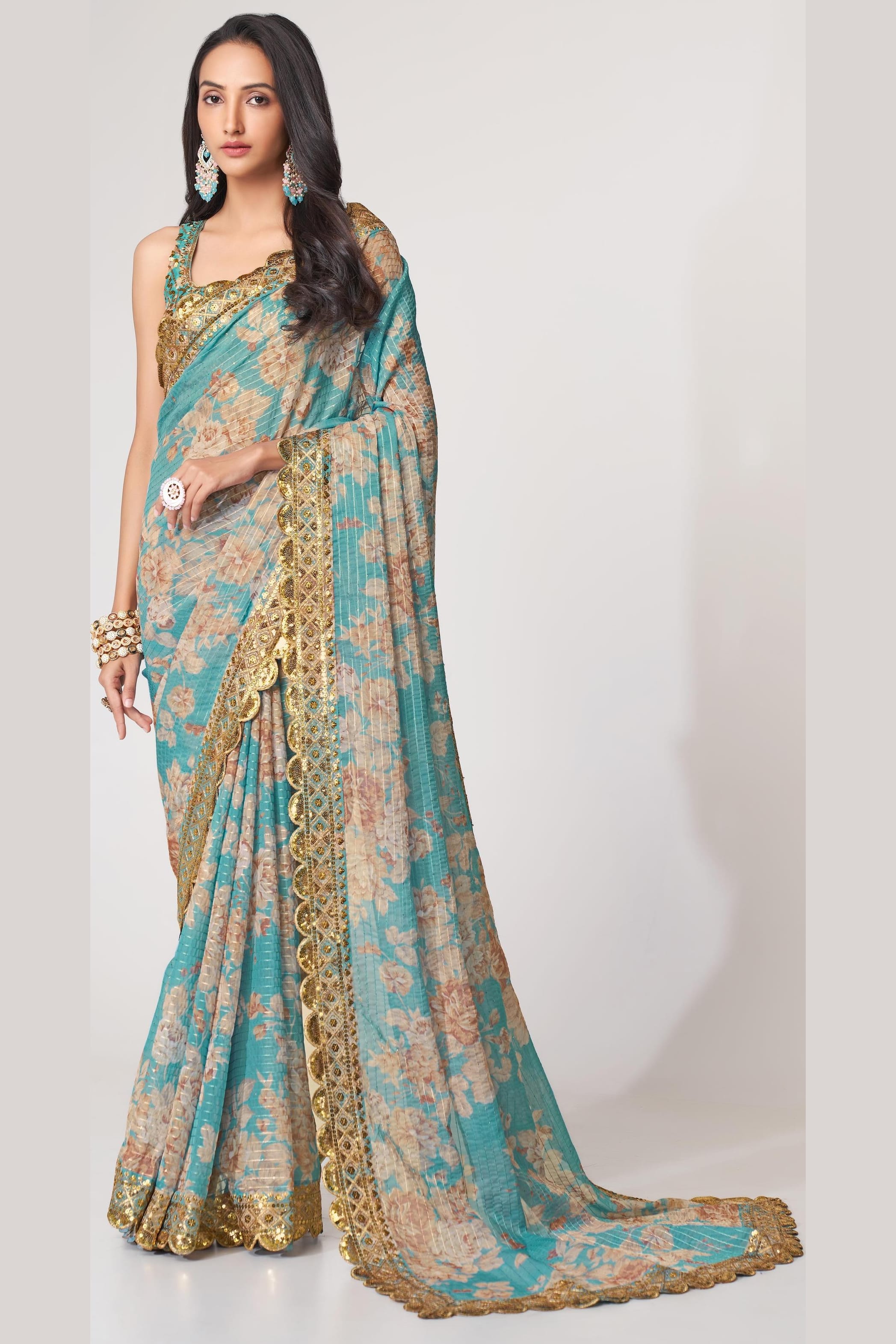 Sky Blue Organza Silk Floral Saree Blouse With Underskirt & Fall Pico For Indian & Pakistani Wedding Festival - Sequins & Thread Embroidery Work, Print Work