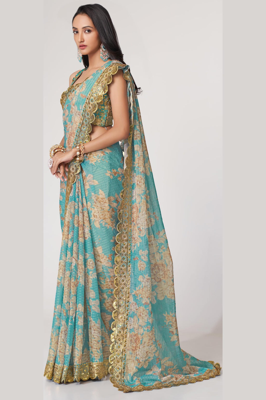 Sky Blue Organza Silk Floral Saree Blouse With Underskirt & Fall Pico For Indian & Pakistani Wedding Festival - Sequins & Thread Embroidery Work, Print Work