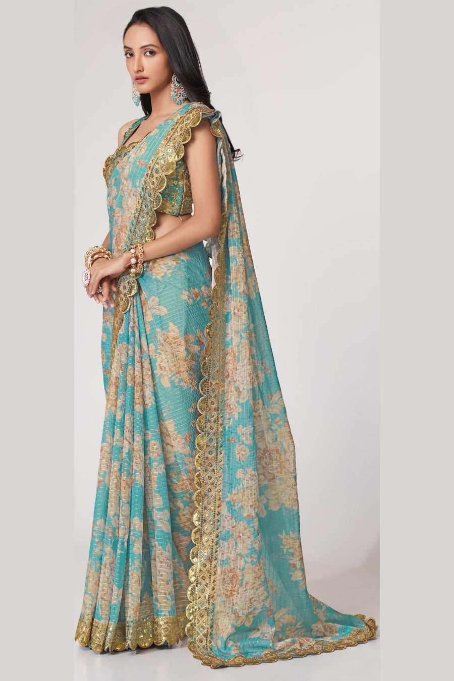 Sky Blue Organza Silk Floral Saree Blouse With Underskirt & Fall Pico For Indian & Pakistani Wedding Festival - Sequins & Thread Embroidery Work, Print Work