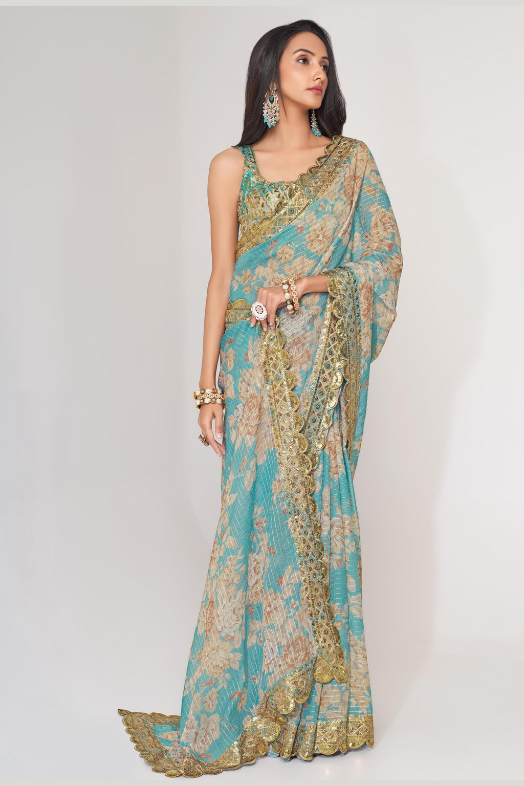 Sky Blue Organza Silk Floral Saree Blouse With Underskirt & Fall Pico For Indian & Pakistani Wedding Festival - Sequins & Thread Embroidery Work, Print Work