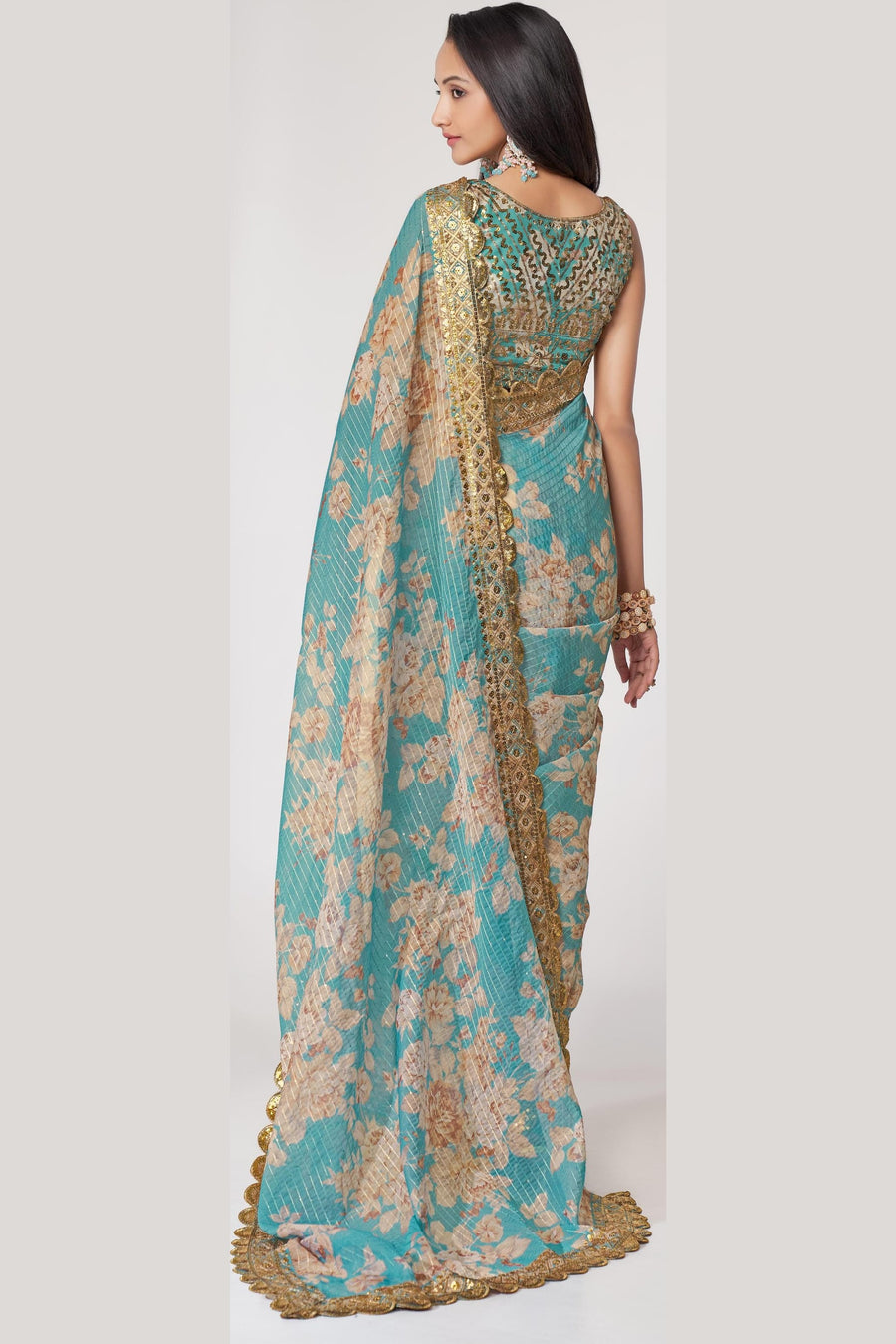 Sky Blue Organza Silk Floral Saree Blouse With Underskirt & Fall Pico For Indian & Pakistani Wedding Festival - Sequins & Thread Embroidery Work, Print Work