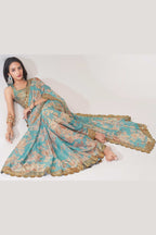 Sky Blue Organza Silk Floral Saree Blouse With Underskirt & Fall Pico For Indian & Pakistani Wedding Festival - Sequins & Thread Embroidery Work, Print Work