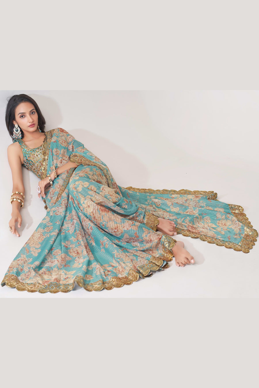 Sky Blue Organza Silk Floral Saree Blouse With Underskirt & Fall Pico For Indian & Pakistani Wedding Festival - Sequins & Thread Embroidery Work, Print Work