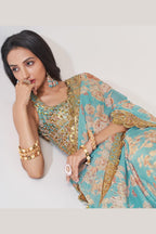 Sky Blue Organza Silk Floral Saree Blouse With Underskirt & Fall Pico For Indian & Pakistani Wedding Festival - Sequins & Thread Embroidery Work, Print Work