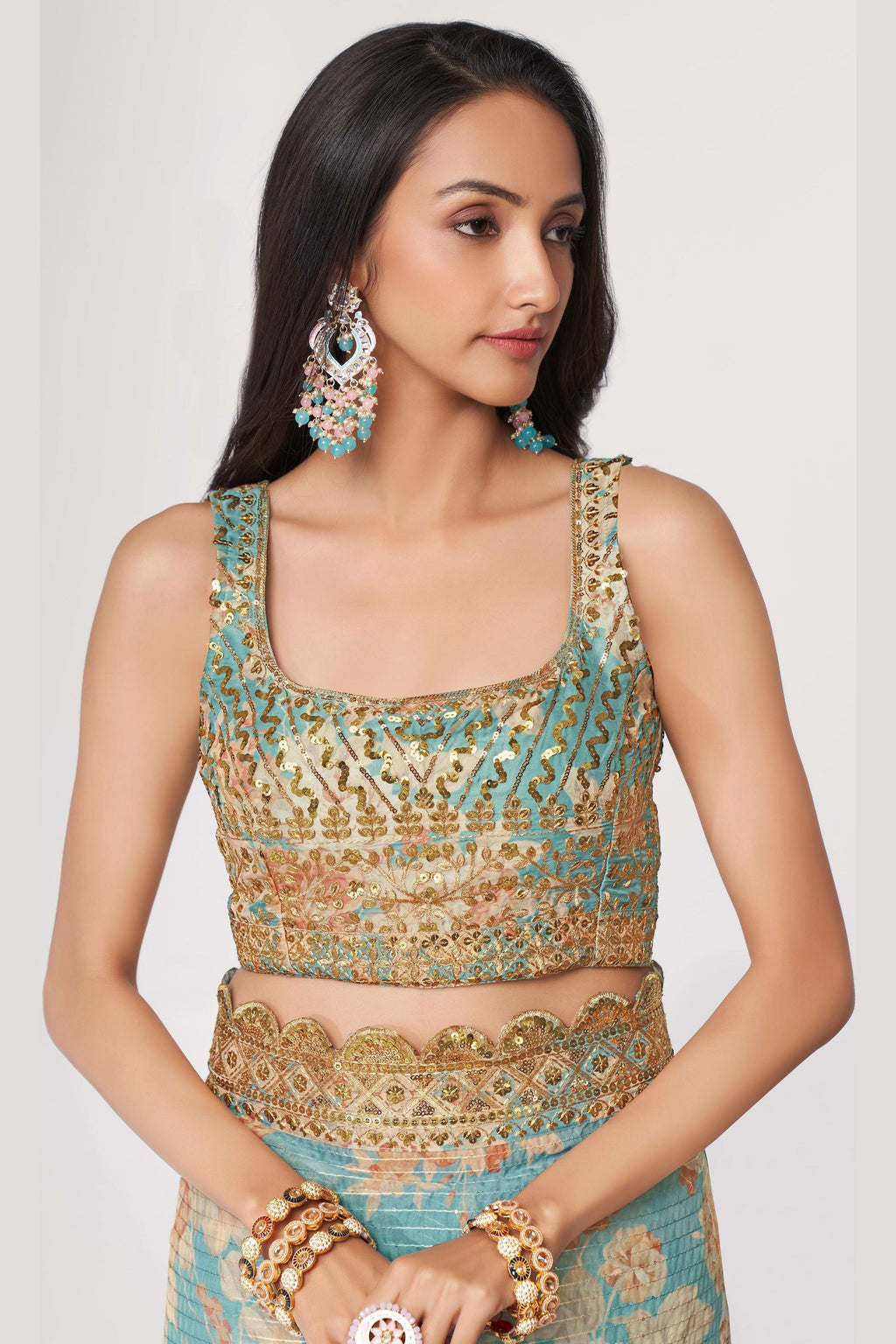 Sky Blue Organza Silk Floral Saree Blouse With Underskirt & Fall Pico For Indian & Pakistani Wedding Festival - Sequins & Thread Embroidery Work, Print Work