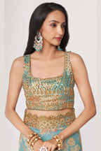 Sky Blue Organza Silk Floral Saree Blouse With Underskirt & Fall Pico For Indian & Pakistani Wedding Festival - Sequins & Thread Embroidery Work, Print Work