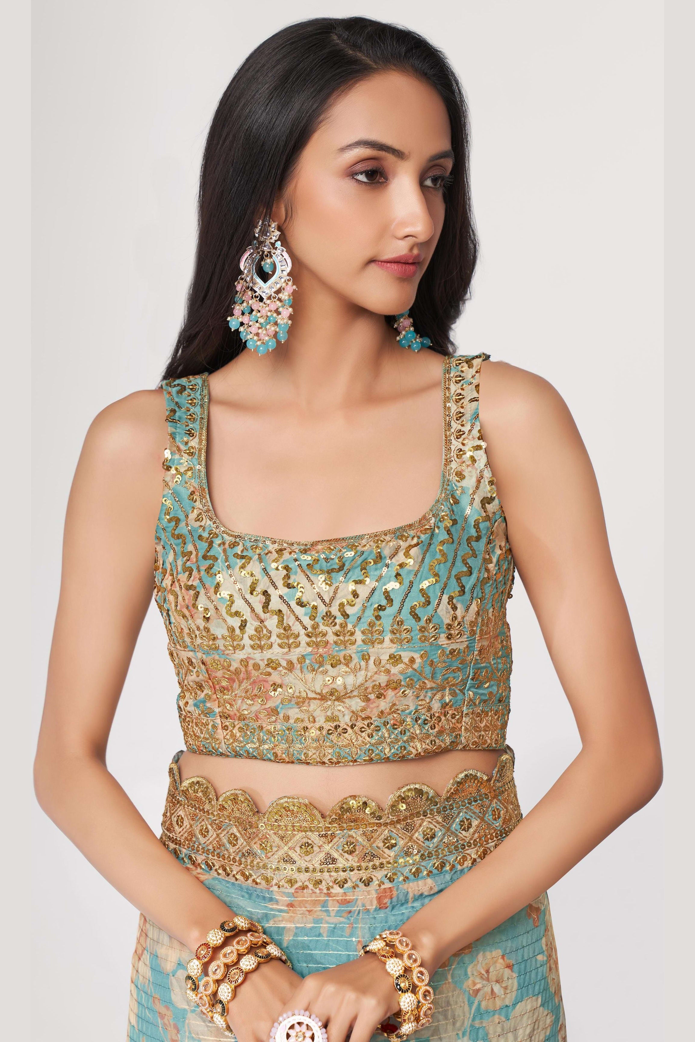 Sky Blue Organza Silk Floral Saree Blouse With Underskirt & Fall Pico For Indian & Pakistani Wedding Festival - Sequins & Thread Embroidery Work, Print Work