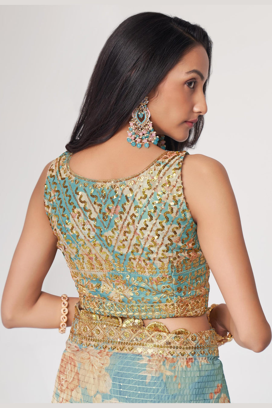 Sky Blue Organza Silk Floral Saree Blouse With Underskirt & Fall Pico For Indian & Pakistani Wedding Festival - Sequins & Thread Embroidery Work, Print Work