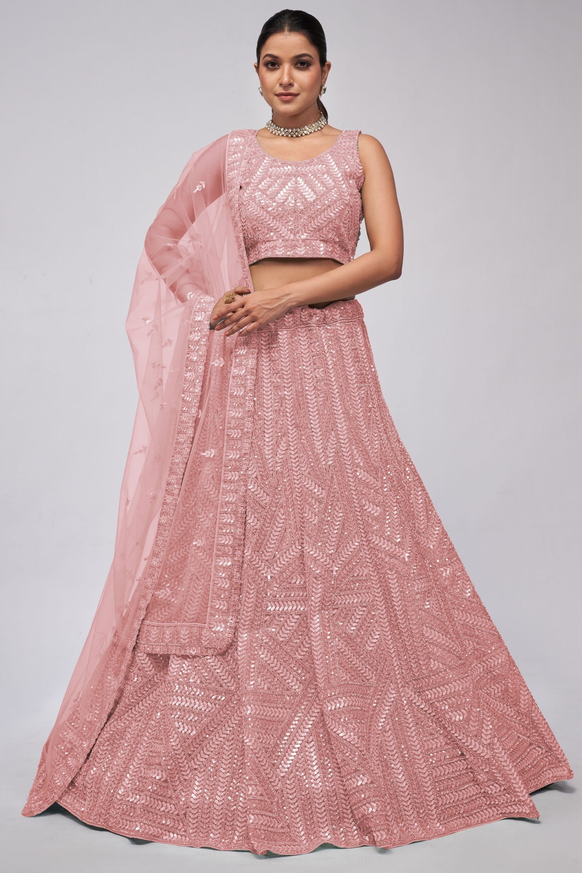 Baby Pink Soft Net Lehenga Choli For Indian Festivals & Weddings - Sequins Work, Dori Work, Zarkan Work