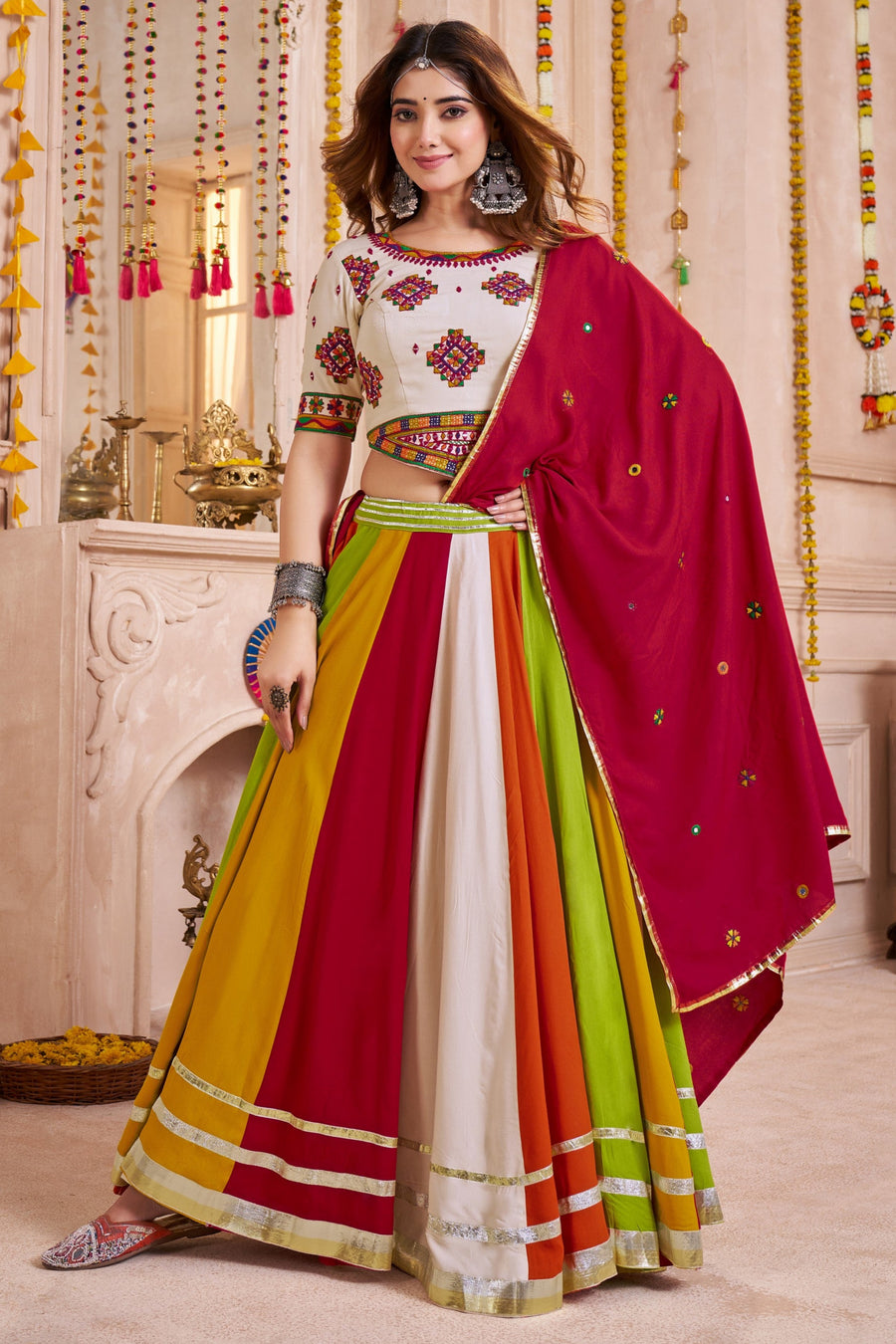 Multicolor Viscose Cotton Navratri Chaniya Choli For Garba Festivals 9.5 Meter Flair - Thread Embroidery Work, Real Mirror Work