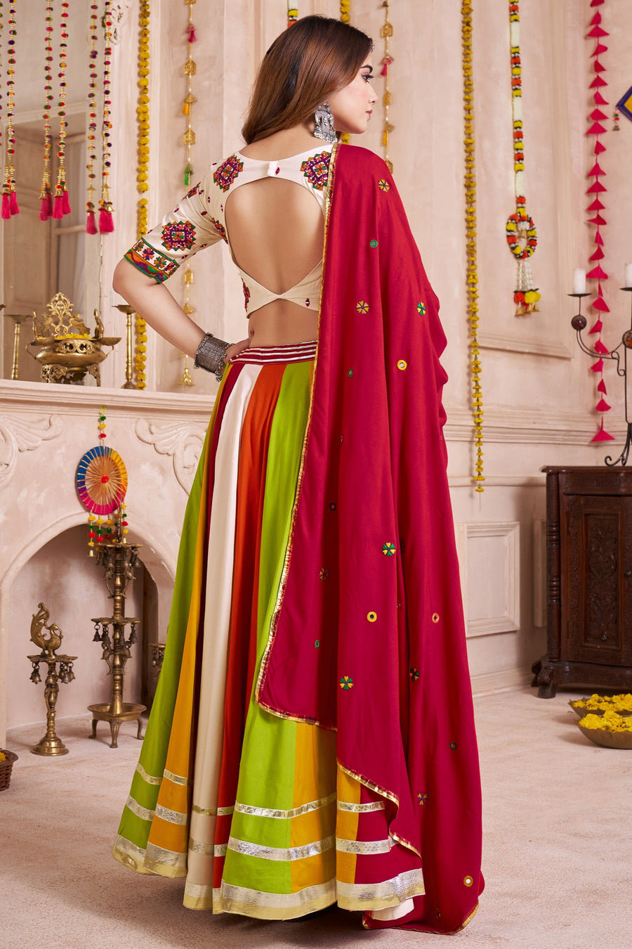 Multicolor Viscose Cotton Navratri Chaniya Choli For Garba Festivals 9.5 Meter Flair - Thread Embroidery Work, Real Mirror Work