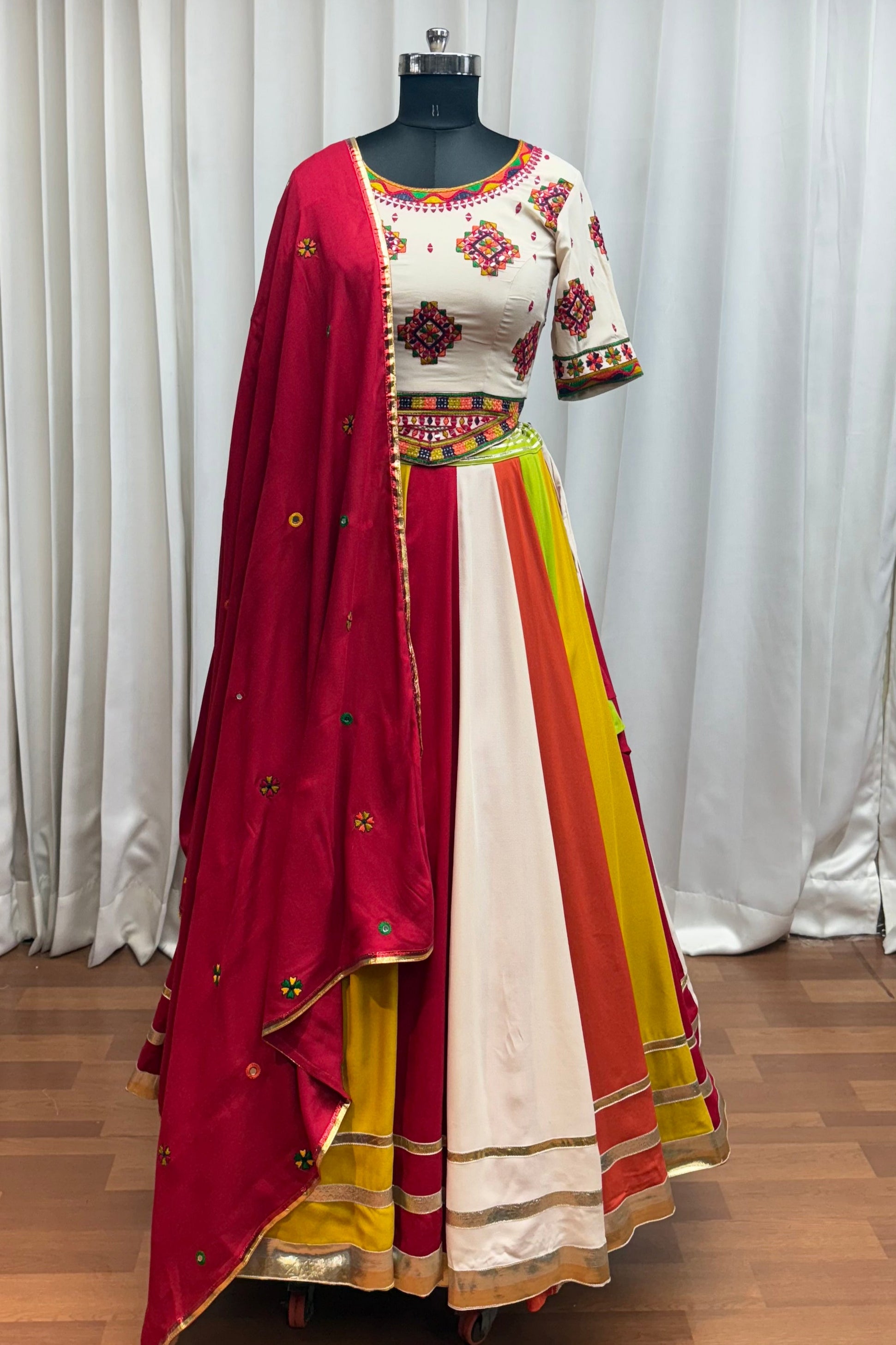 Multicolor Viscose Cotton Navratri Chaniya Choli For Garba Festivals 9.5 Meter Flair - Thread Embroidery Work, Real Mirror Work