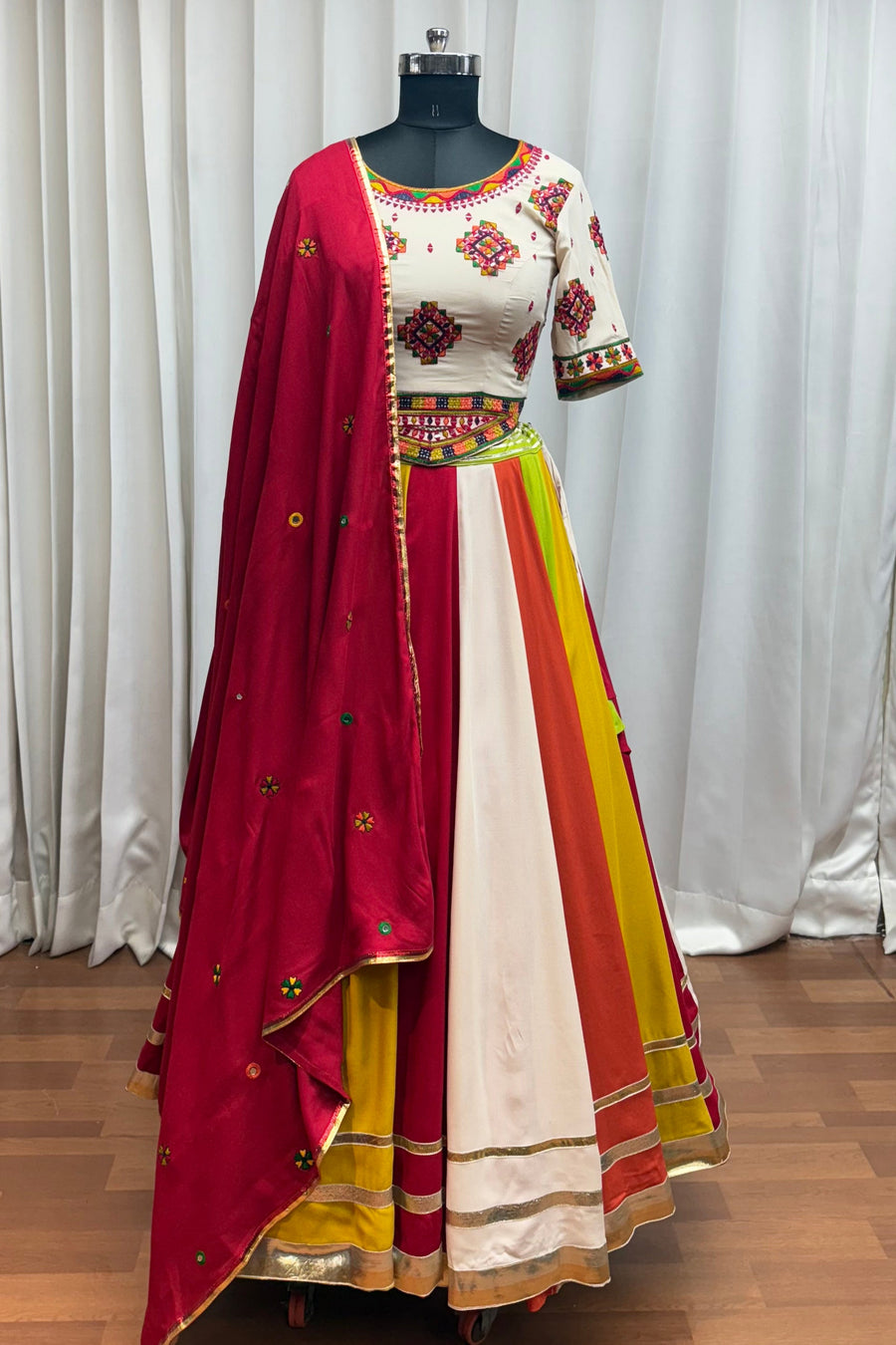 Multicolor Viscose Cotton Navratri Chaniya Choli For Garba Festivals 9.5 Meter Flair - Thread Embroidery Work, Real Mirror Work