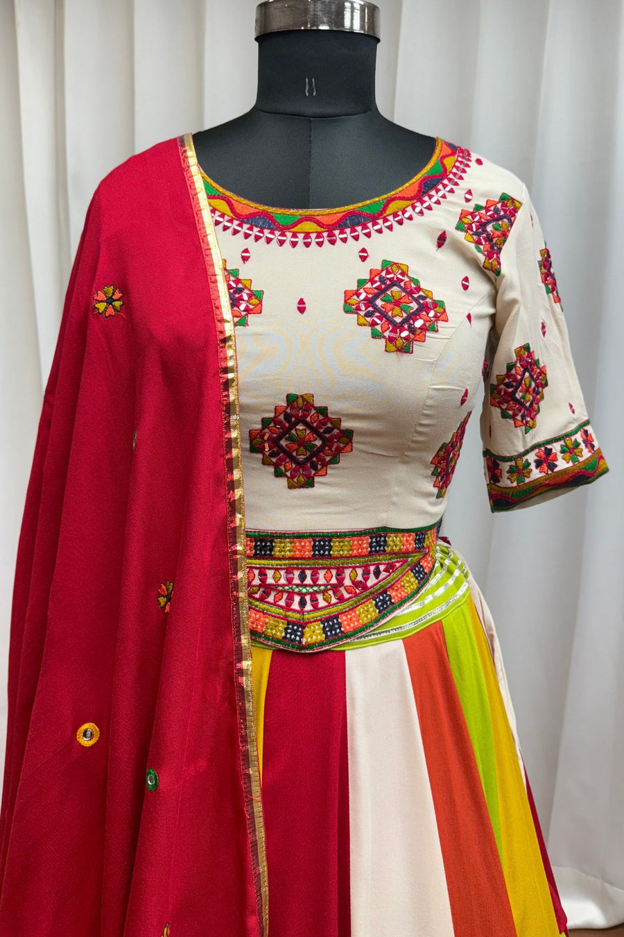 Multicolor Viscose Cotton Navratri Chaniya Choli For Garba Festivals 9.5 Meter Flair - Thread Embroidery Work, Real Mirror Work