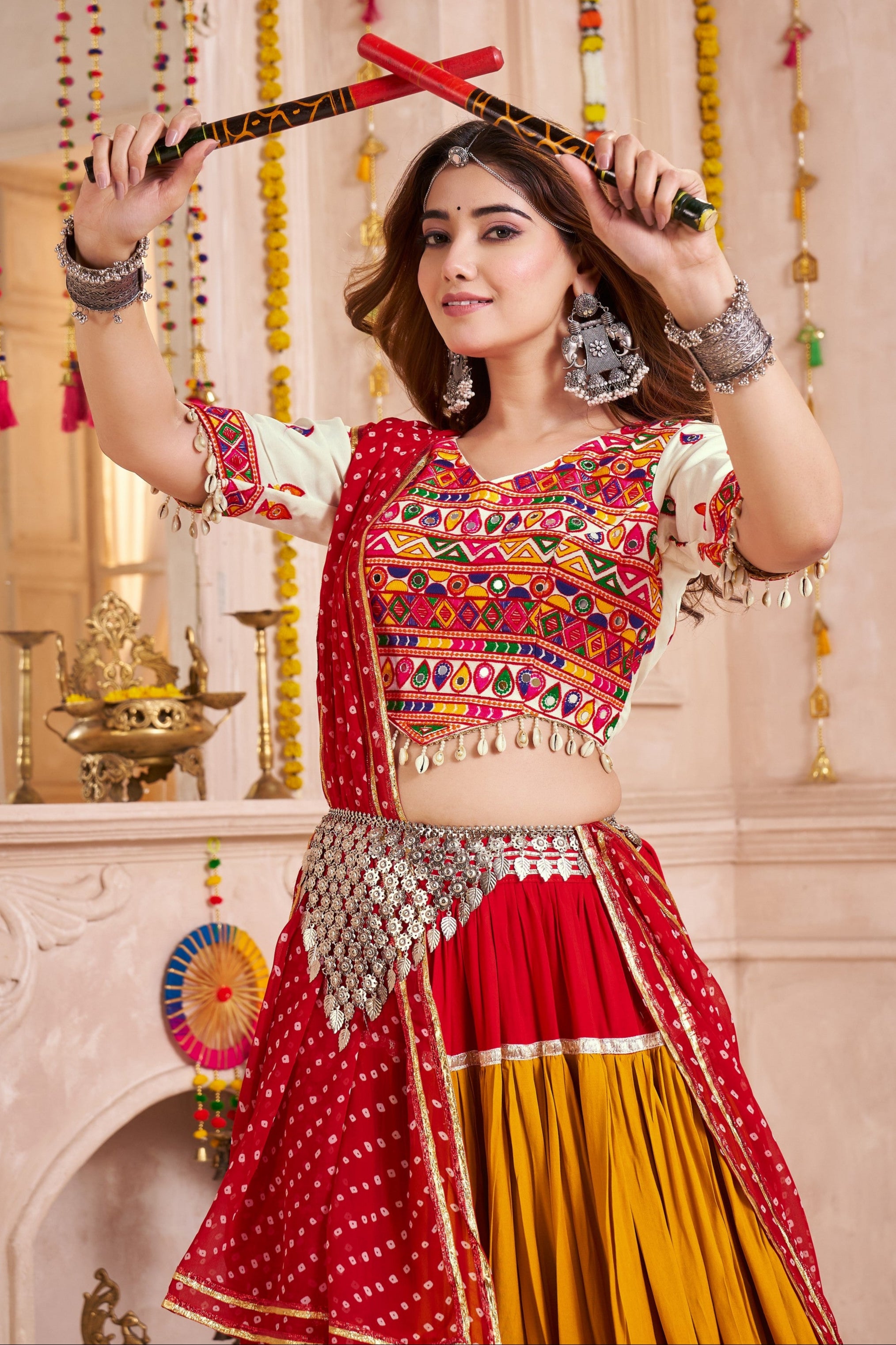 Multicolor Viscose Cotton Navratri Chaniya Choli For Indian Garba 13 Meter Flair - Thread Embroidery Work, Real Mirror Work