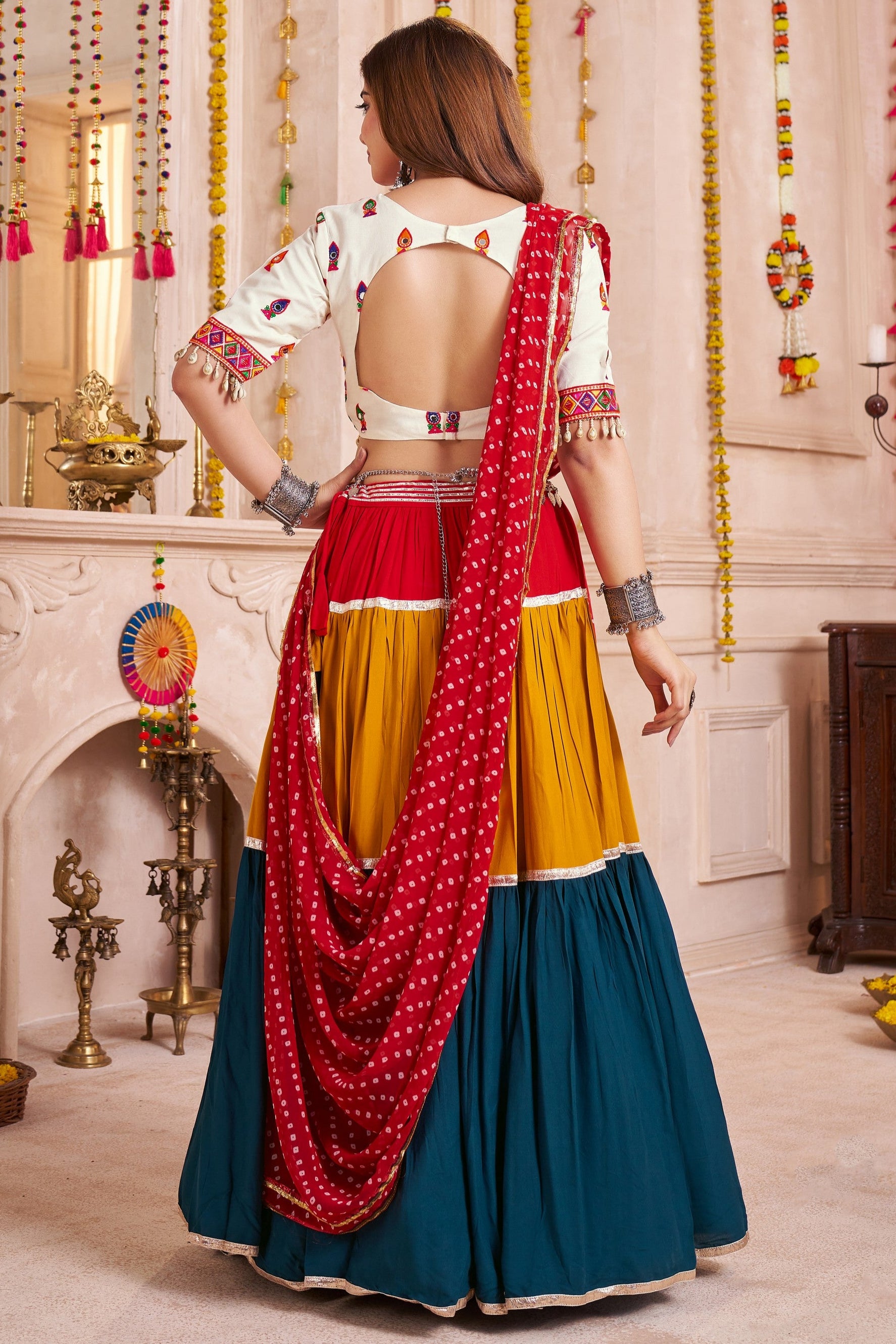 Multicolor Viscose Cotton Navratri Chaniya Choli For Indian Garba 13 Meter Flair - Thread Embroidery Work, Real Mirror Work