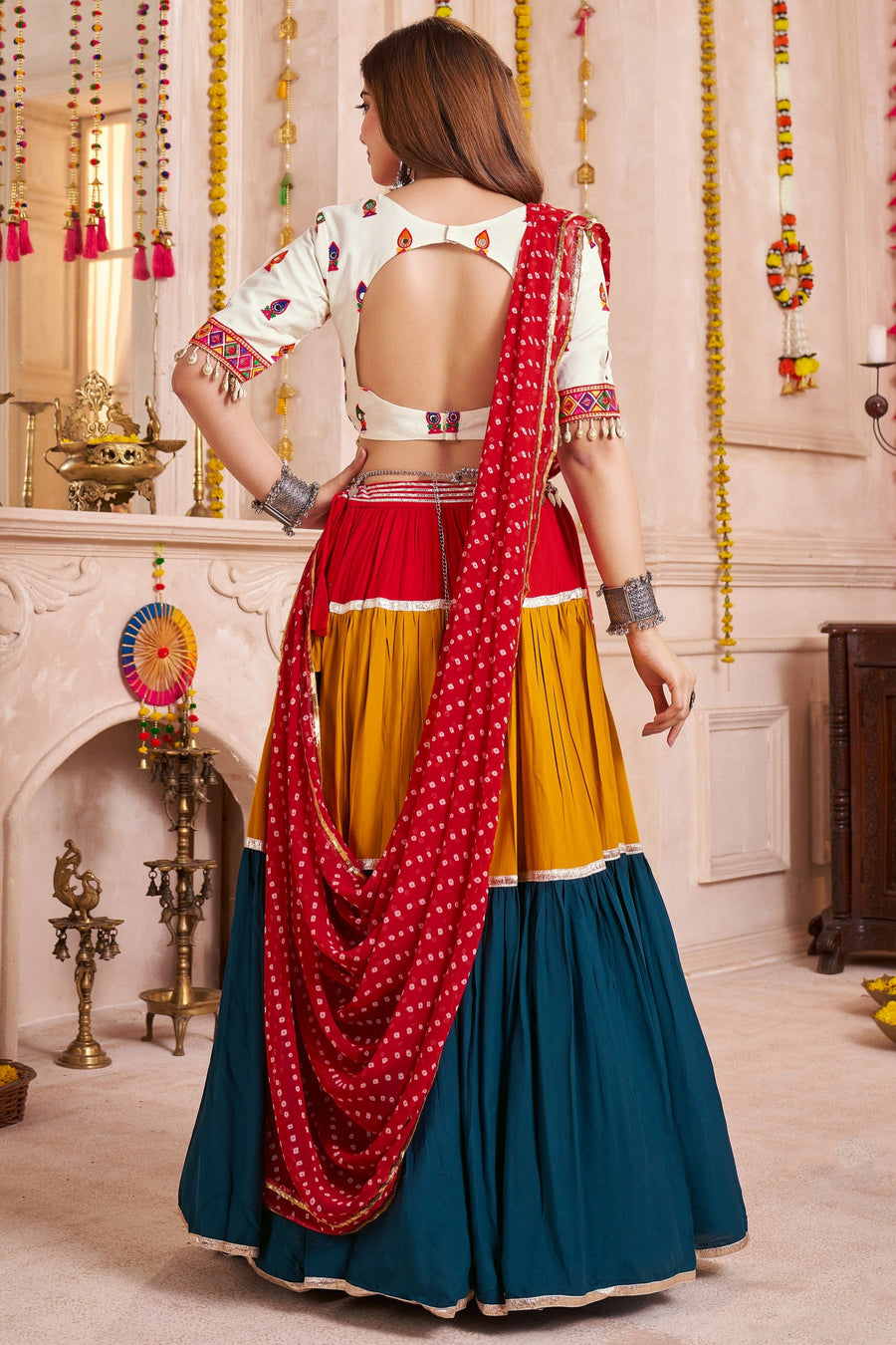 Multicolor Viscose Cotton Navratri Chaniya Choli For Indian Garba 13 Meter Flair - Thread Embroidery Work, Real Mirror Work