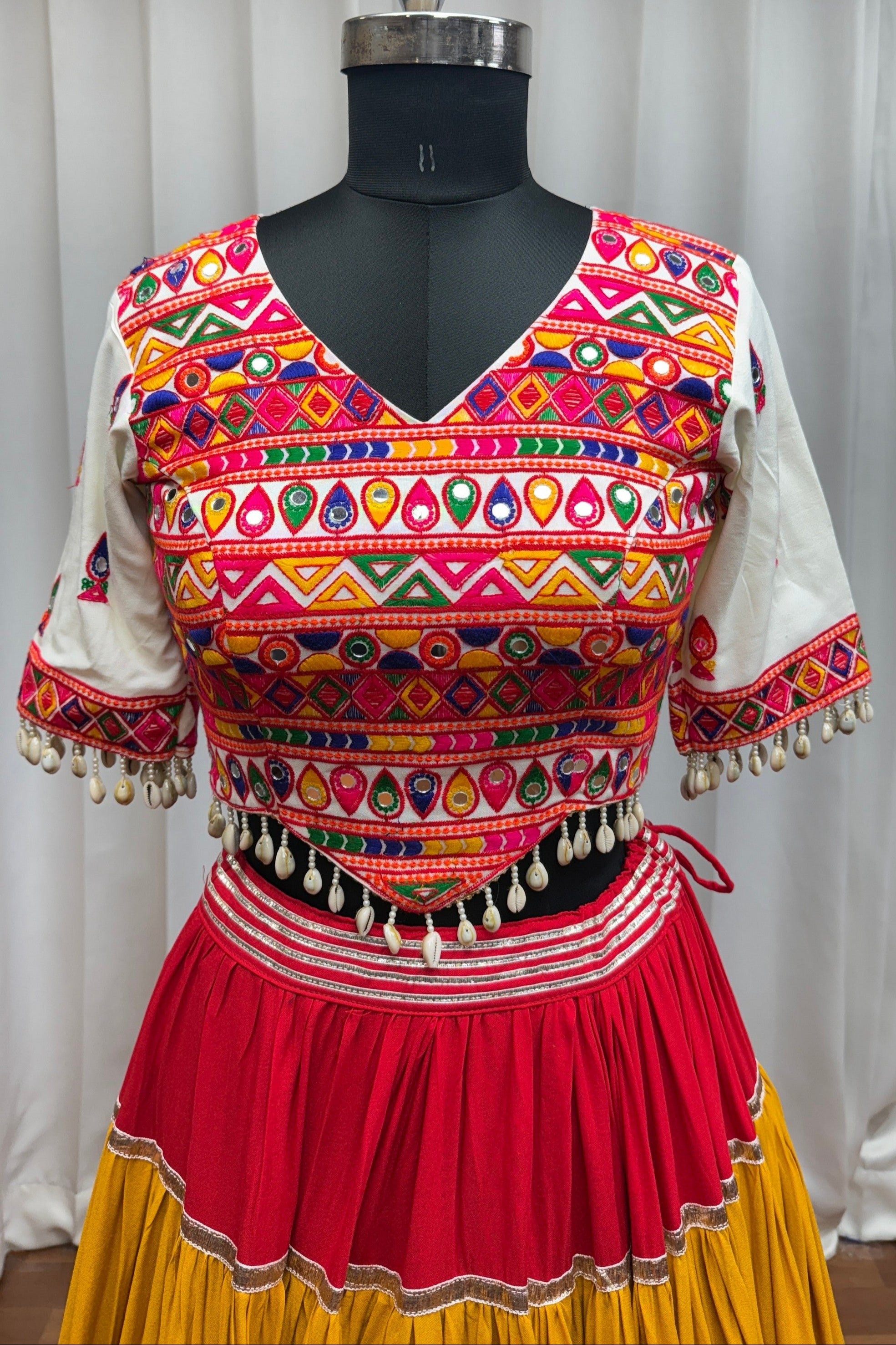 Multicolor Viscose Cotton Navratri Chaniya Choli For Indian Garba 13 Meter Flair - Thread Embroidery Work, Real Mirror Work