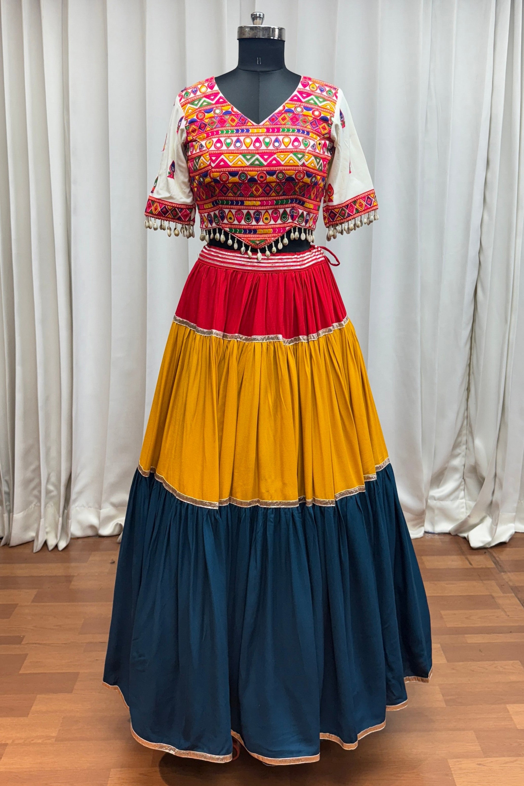 Multicolor Viscose Cotton Navratri Chaniya Choli For Indian Garba 13 Meter Flair - Thread Embroidery Work, Real Mirror Work