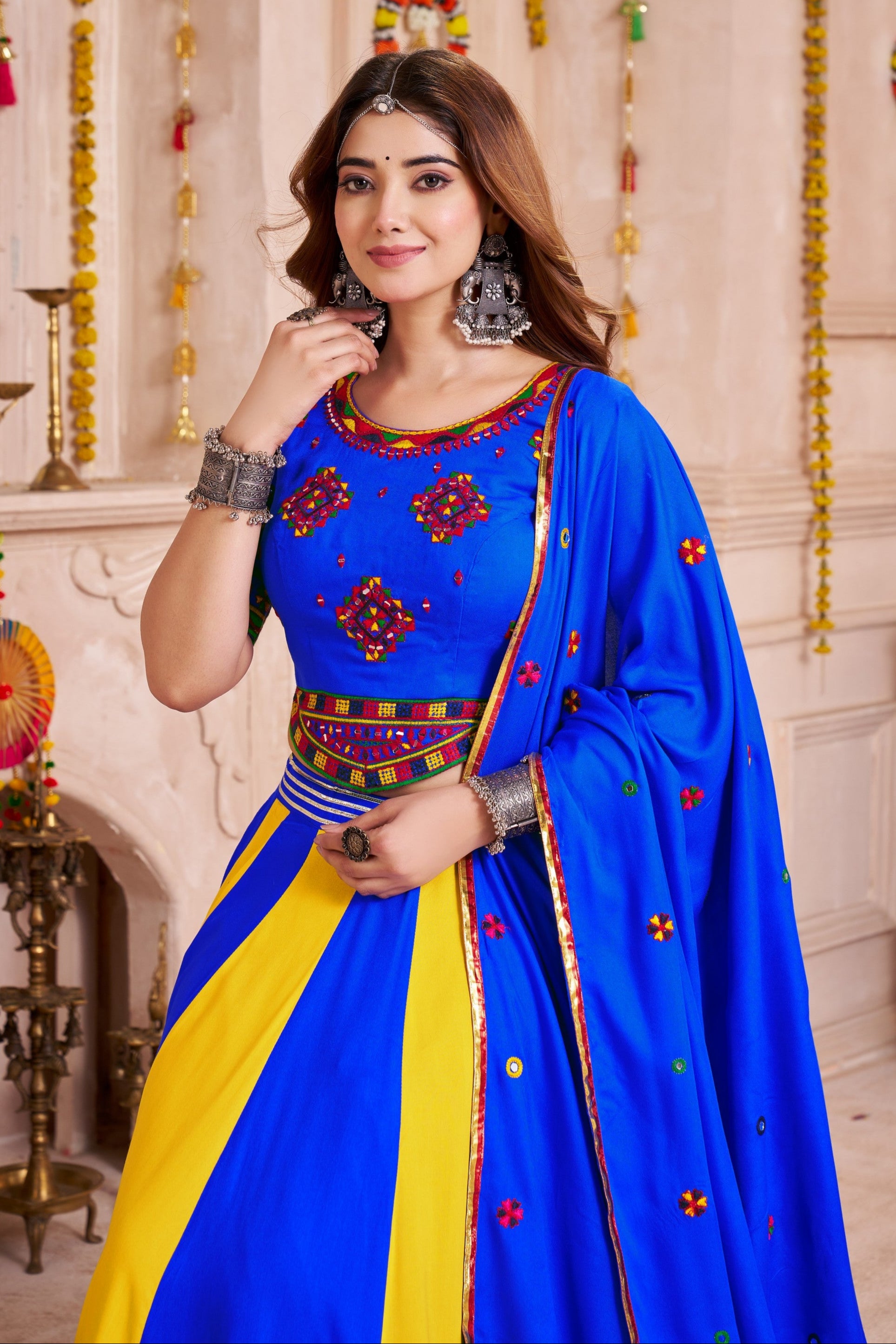 Purple Viscose Cotton Navratri Garba Chaniya Choli For Festivals 9.5 Meter Flair - Real Mirror Work, Thread Embroidery Work