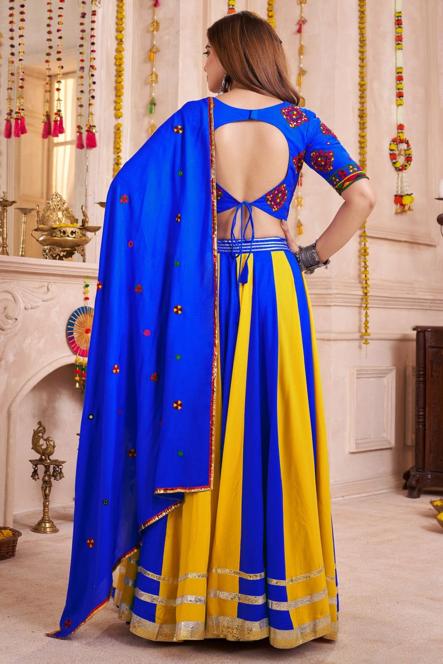 Purple Viscose Cotton Navratri Garba Chaniya Choli For Festivals 9.5 Meter Flair - Real Mirror Work, Thread Embroidery Work