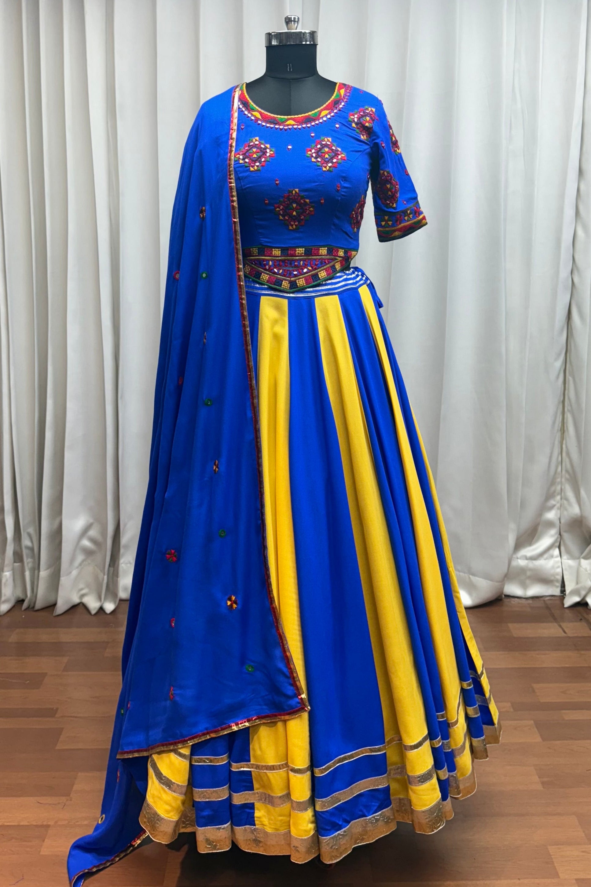 Purple Viscose Cotton Navratri Garba Chaniya Choli For Festivals 9.5 Meter Flair - Real Mirror Work, Thread Embroidery Work