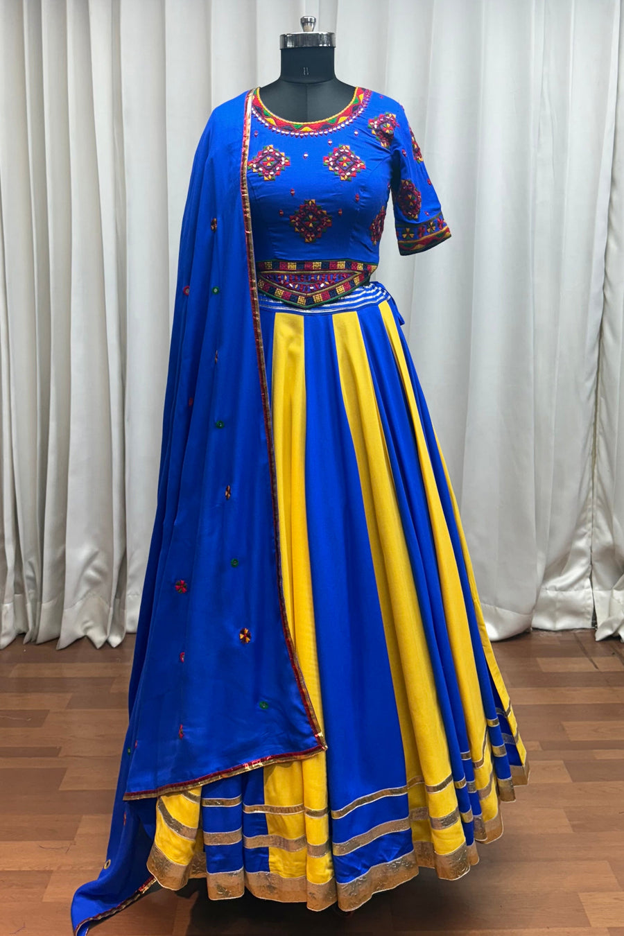 Purple Viscose Cotton Navratri Garba Chaniya Choli For Festivals 9.5 Meter Flair - Real Mirror Work, Thread Embroidery Work