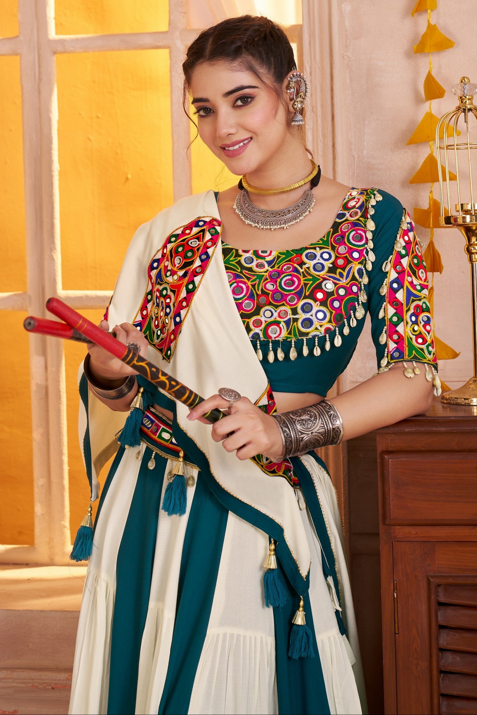 Multicolor Viscose Cotton Navratri Chaniya Choli Lehenga For Indian Garba 8 Meter Flair - Real Mirror Work, Kutchi Work