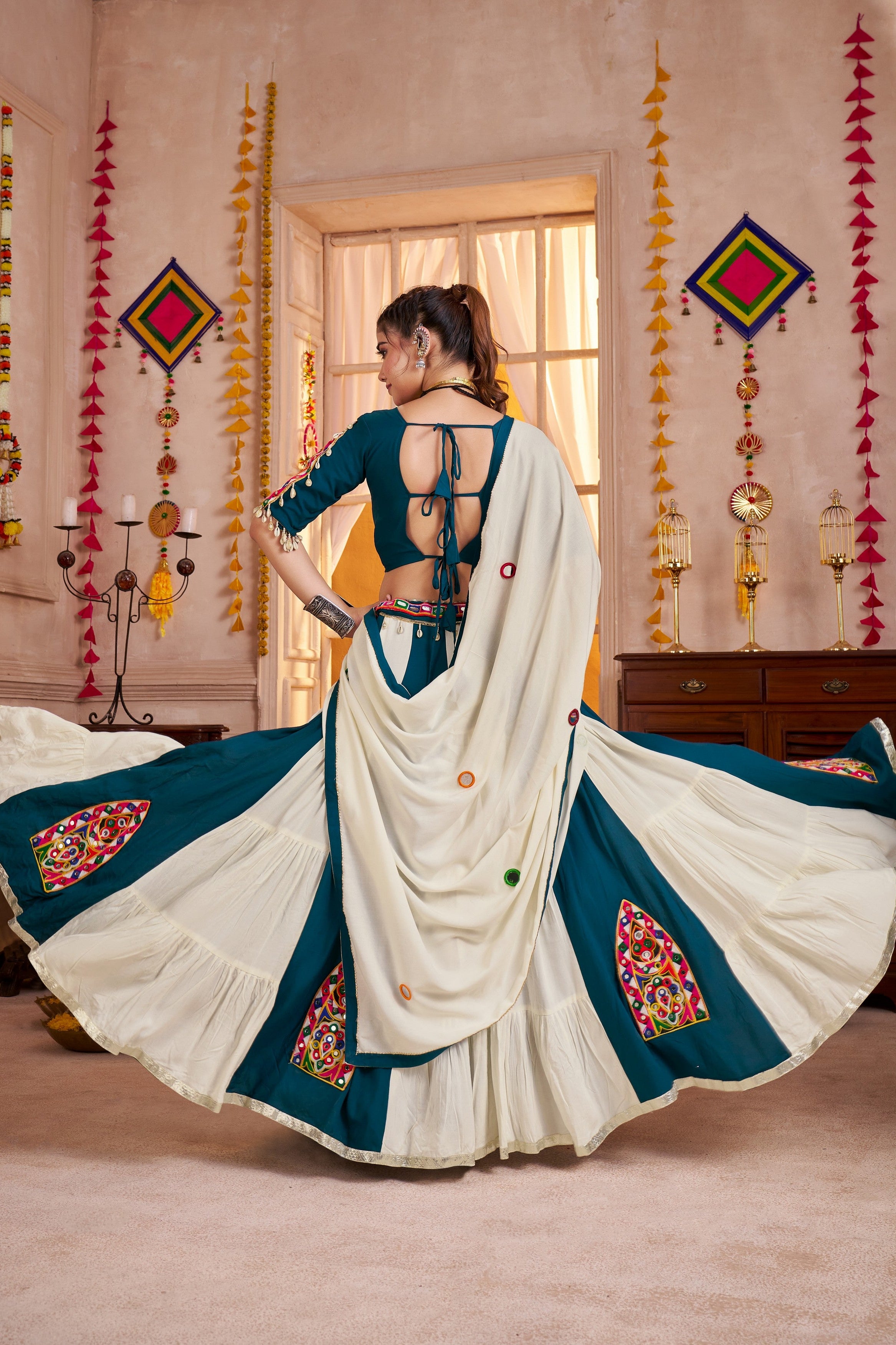 Multicolor Viscose Cotton Navratri Chaniya Choli Lehenga For Indian Garba 8 Meter Flair - Real Mirror Work, Kutchi Work