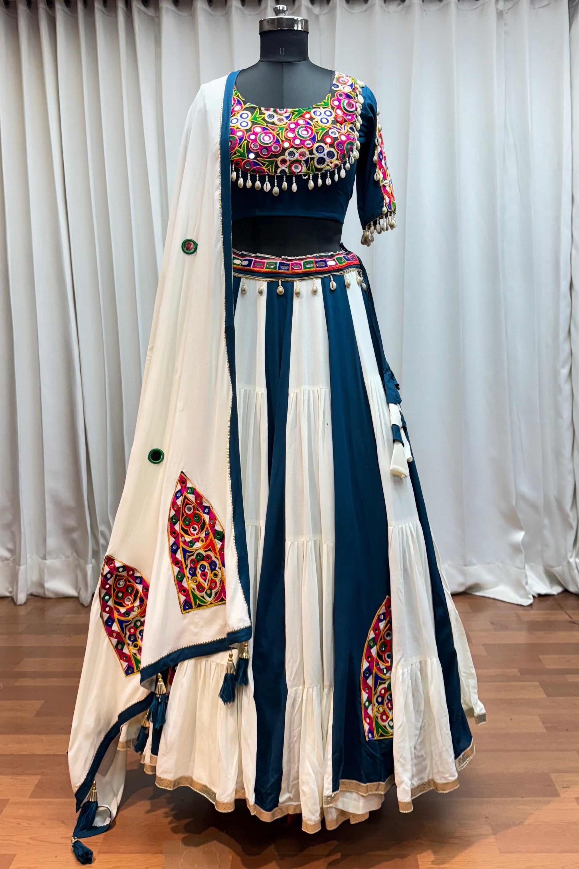 Multicolor Viscose Cotton Navratri Chaniya Choli Lehenga For Indian Garba 8 Meter Flair - Real Mirror Work, Kutchi Work