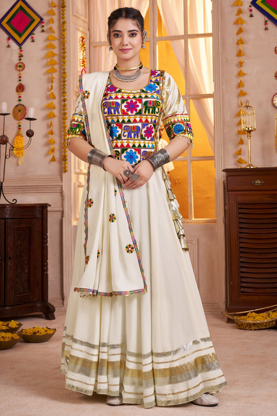 White Viscose Cotton Navratri Chaniya Choli Lehenga For Indian Garba 8 Meter Flair - Real Mirror Work, Kutchi Work, Thread Embroidery Work