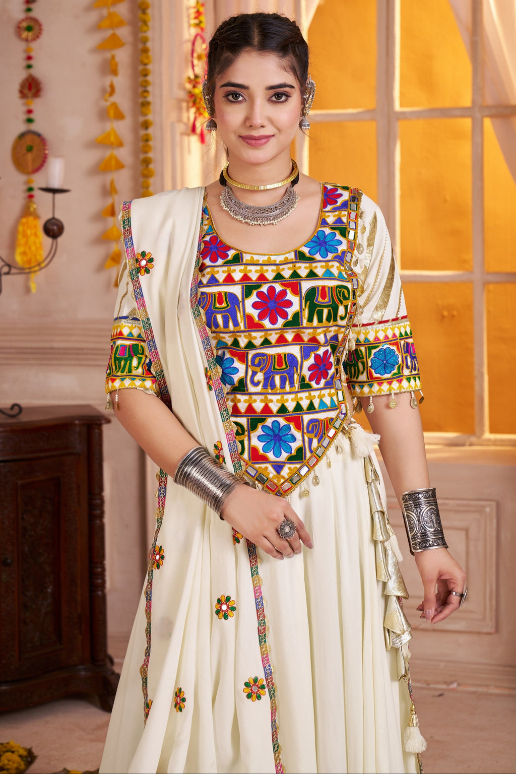 White Viscose Cotton Navratri Chaniya Choli Lehenga For Indian Garba 8 Meter Flair - Real Mirror Work, Kutchi Work, Thread Embroidery Work