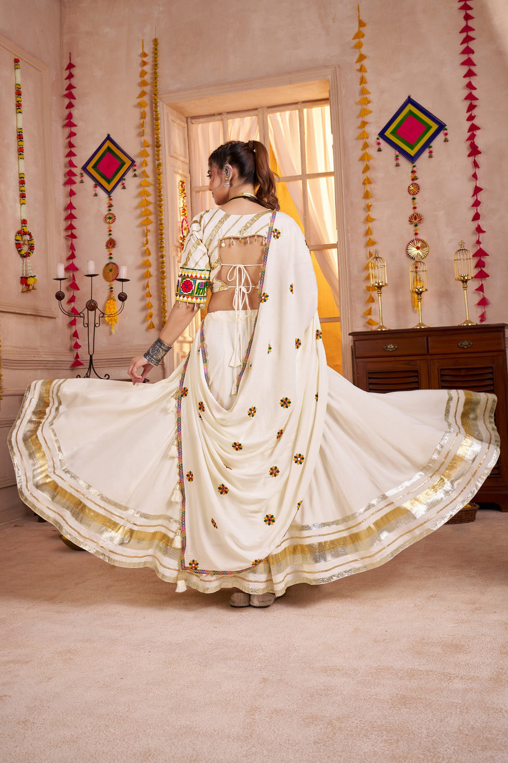 White Viscose Cotton Navratri Chaniya Choli Lehenga For Indian Garba 8 Meter Flair - Real Mirror Work, Kutchi Work, Thread Embroidery Work